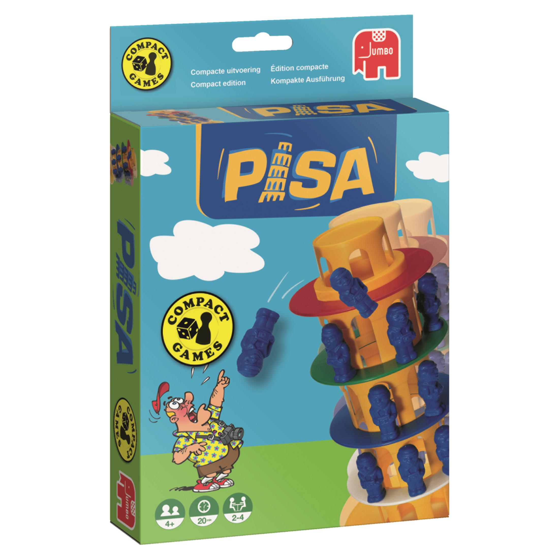 Eine Spieleschachtel mit dem Wort 'Pisa'. Die Schachtel hat eine Cartoon-Illustration einer Figur und Spielsteinen.