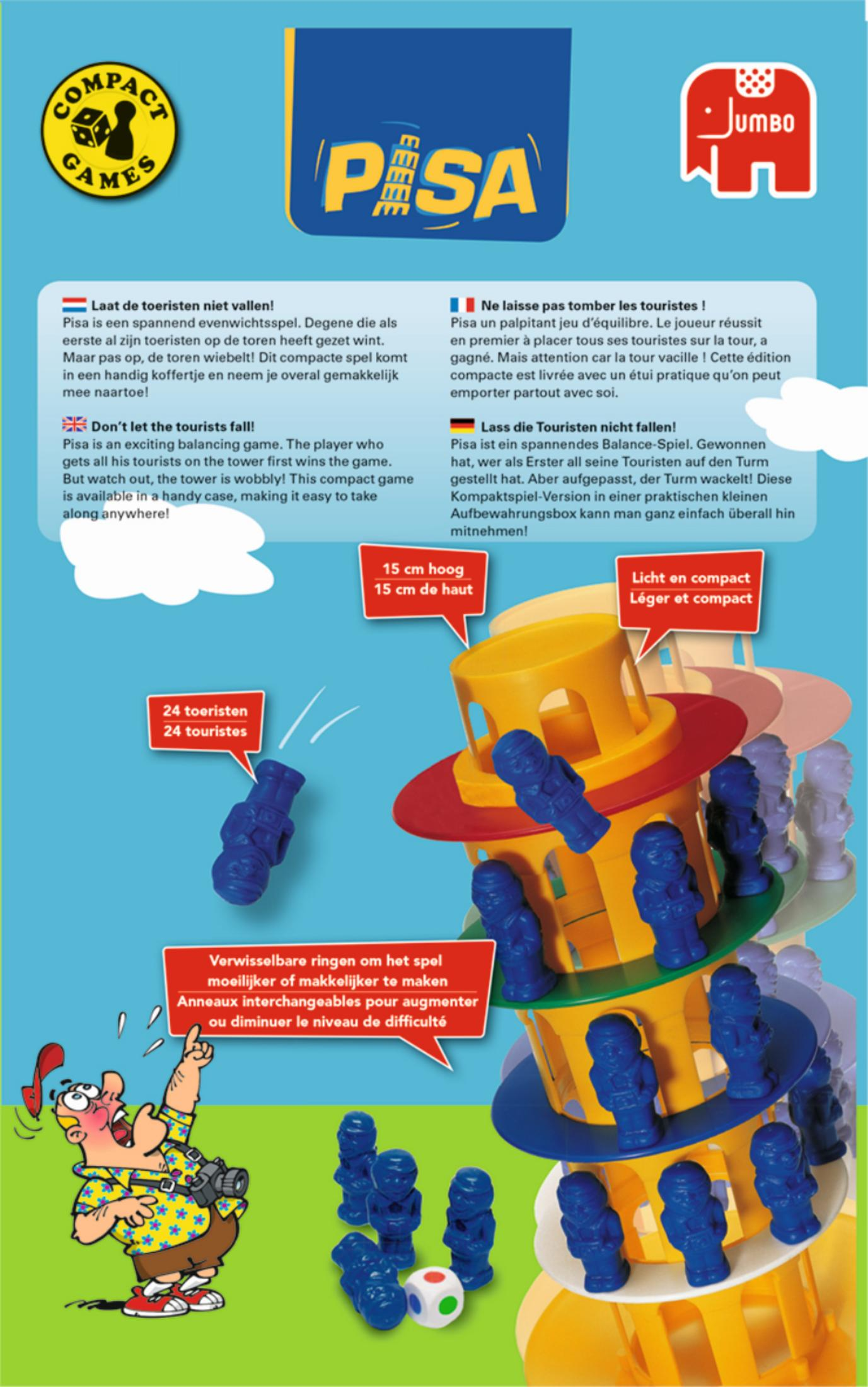 Pisa-Spielbox und Spielsteine. Ein Cartoon-Mann und ein Turm befinden sich auf der Box.