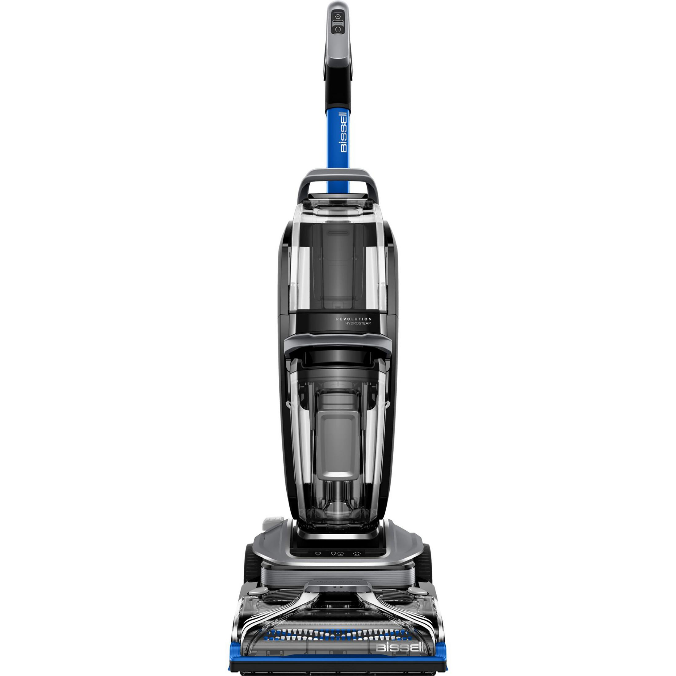 Ein Bissell Revolution Pet Pro Teppichreiniger, von vorne gezeigt. Er ist schwarz und grau.