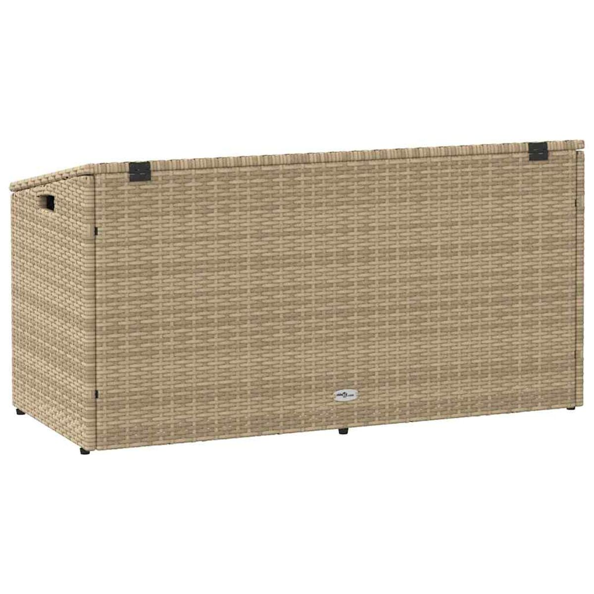 Un grande contenitore per esterni rettangolare in materiale di vimini tessuto.