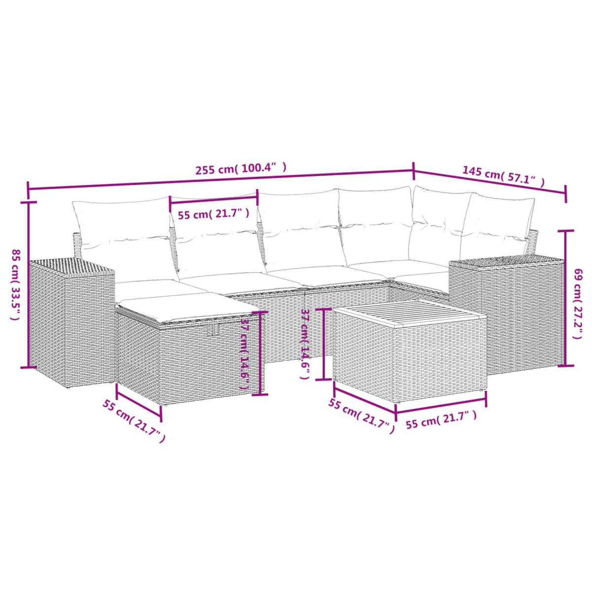 U-förmiges Rattansofa-Set mit weißen Kissen, Abmessungen in Zentimetern und Zoll.