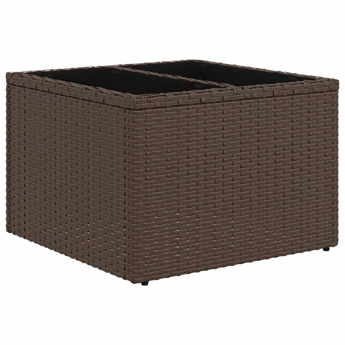 Eine braune Aufbewahrungsbox aus geflochtenem Rattan mit dunklem Innenraum, von oben gesehen.