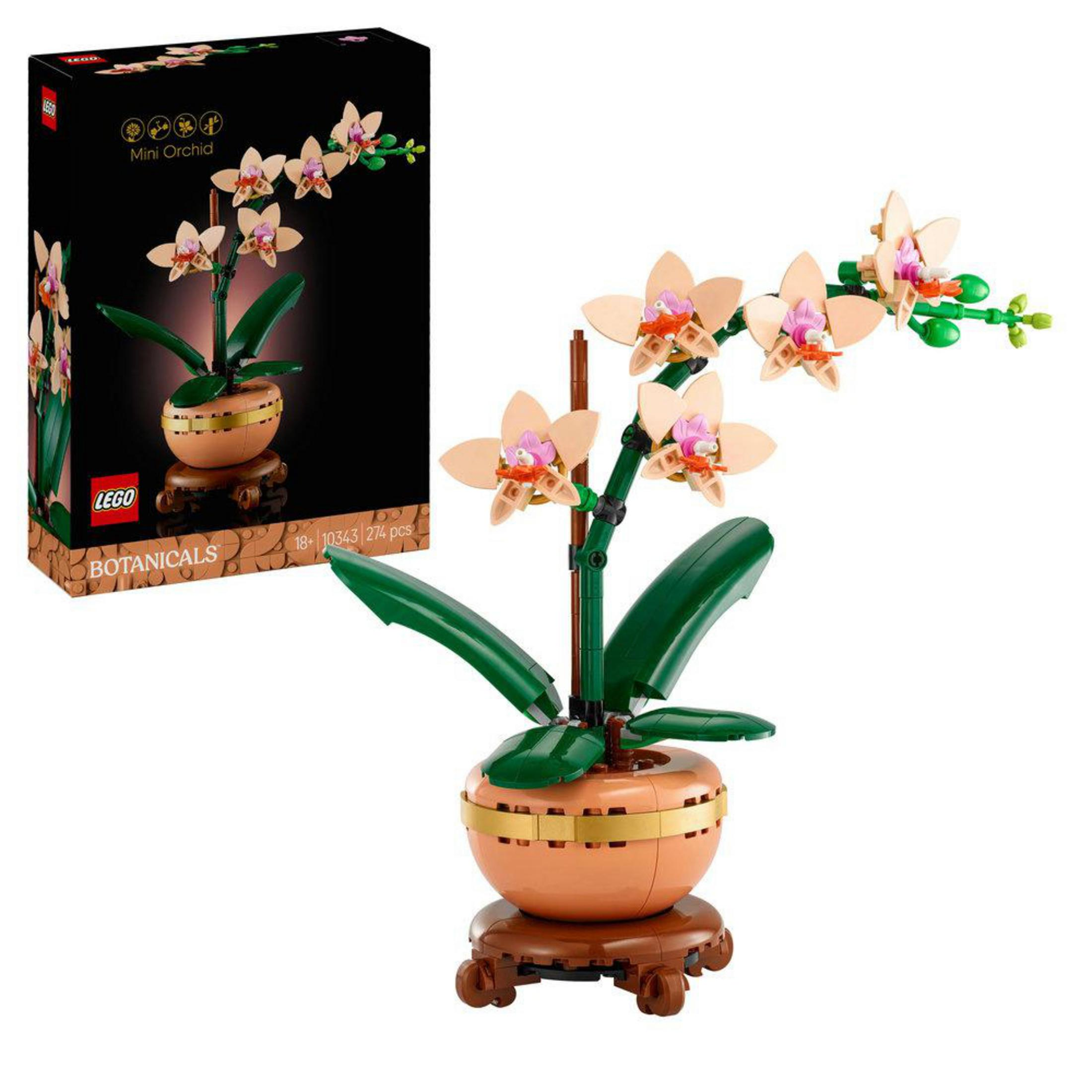 Zestaw LEGO Mini Orchid, z kompozycją kwiatową i czarnym tłem.