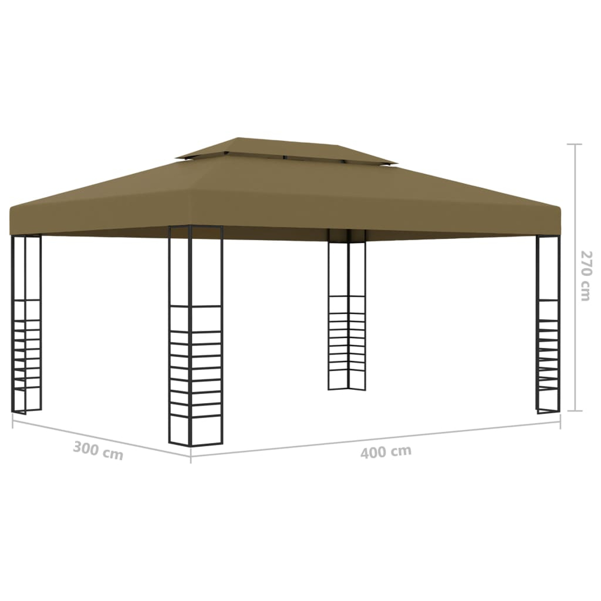 Gazebo marrone, dimensioni 300x400x270cm, con supporti neri.
