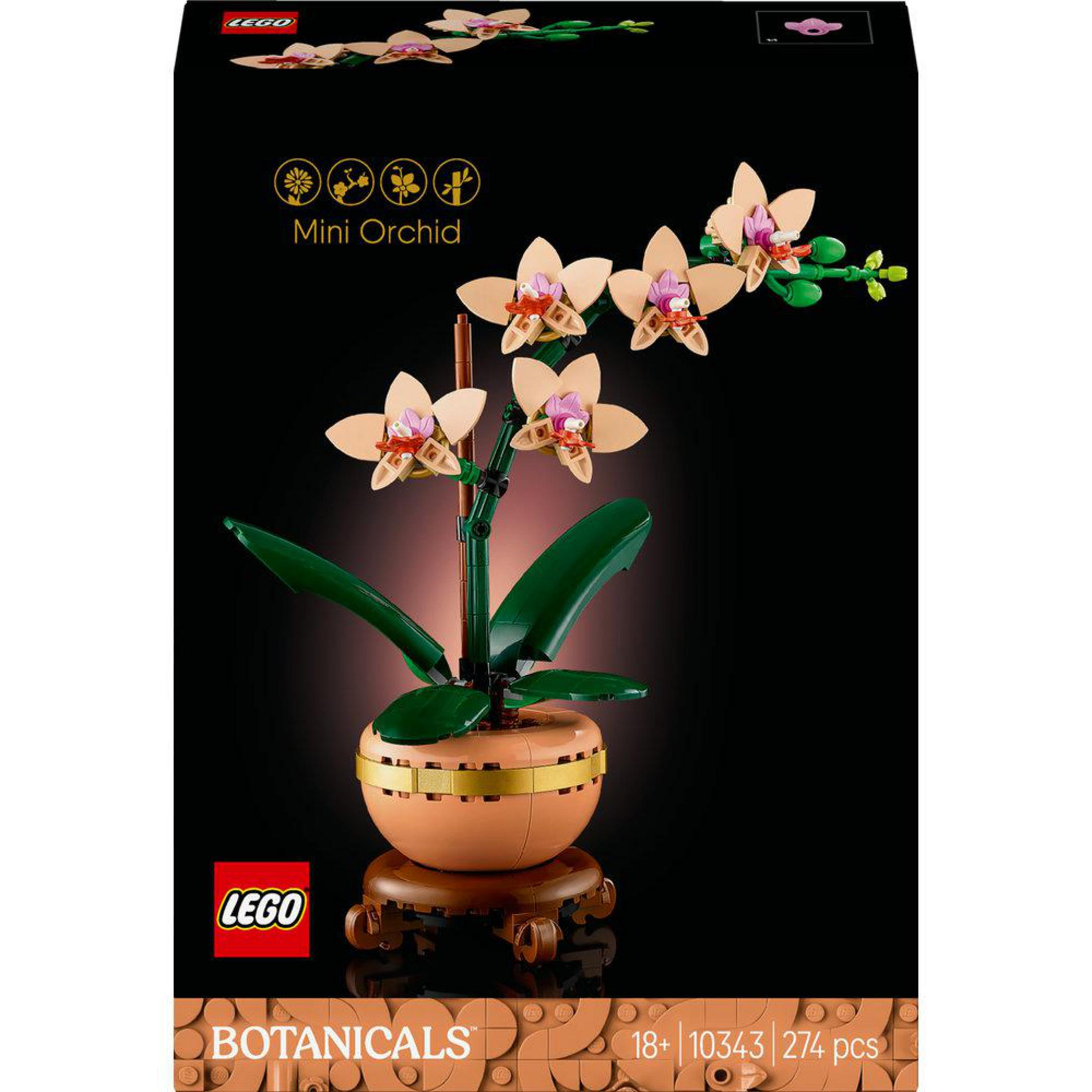 Zestaw LEGO Mini Orchid z aranżacją kwiatową i czarnym tłem.