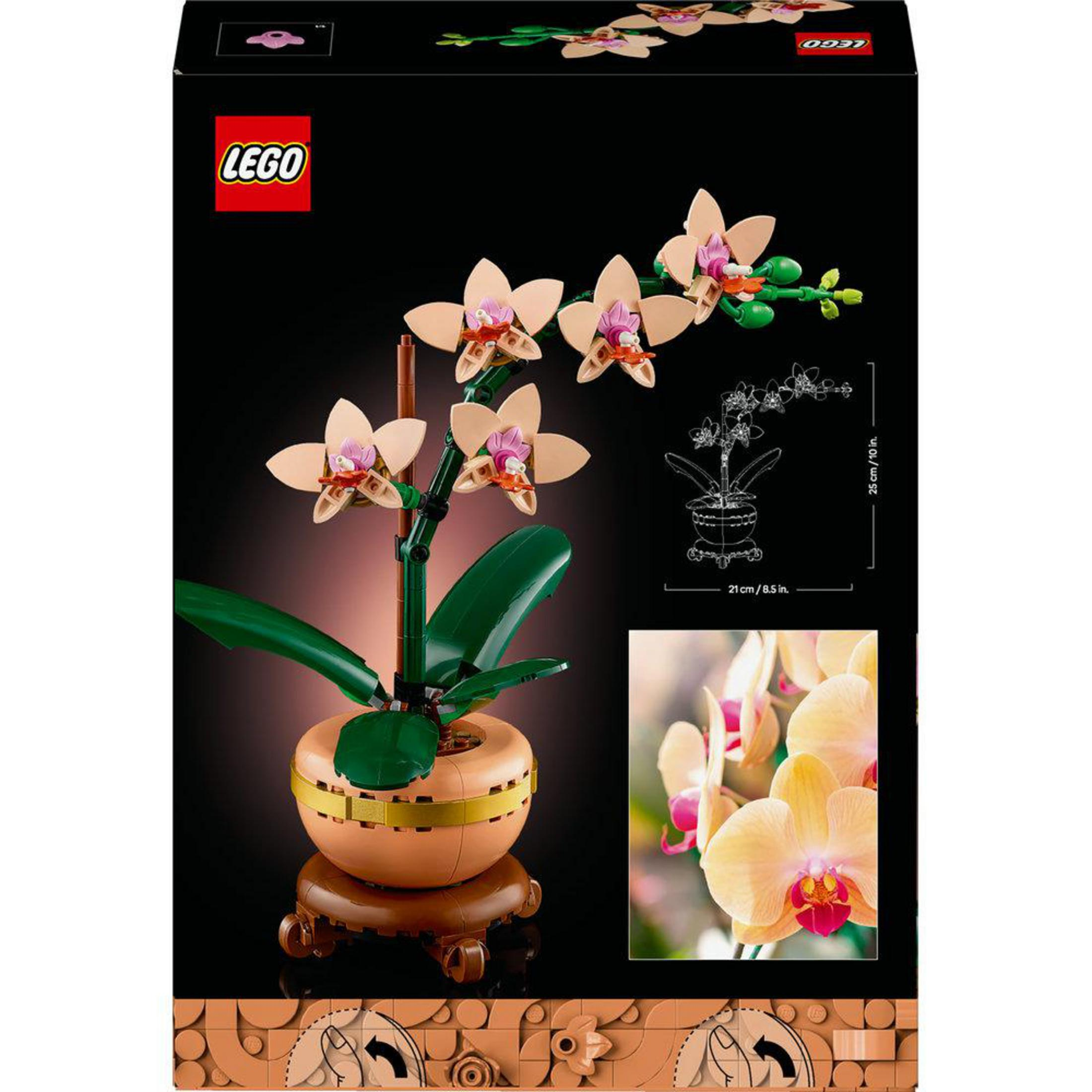 Zestaw LEGO Mini Orchid z tyłem pudełka pokazującym aranżację i wymiary.