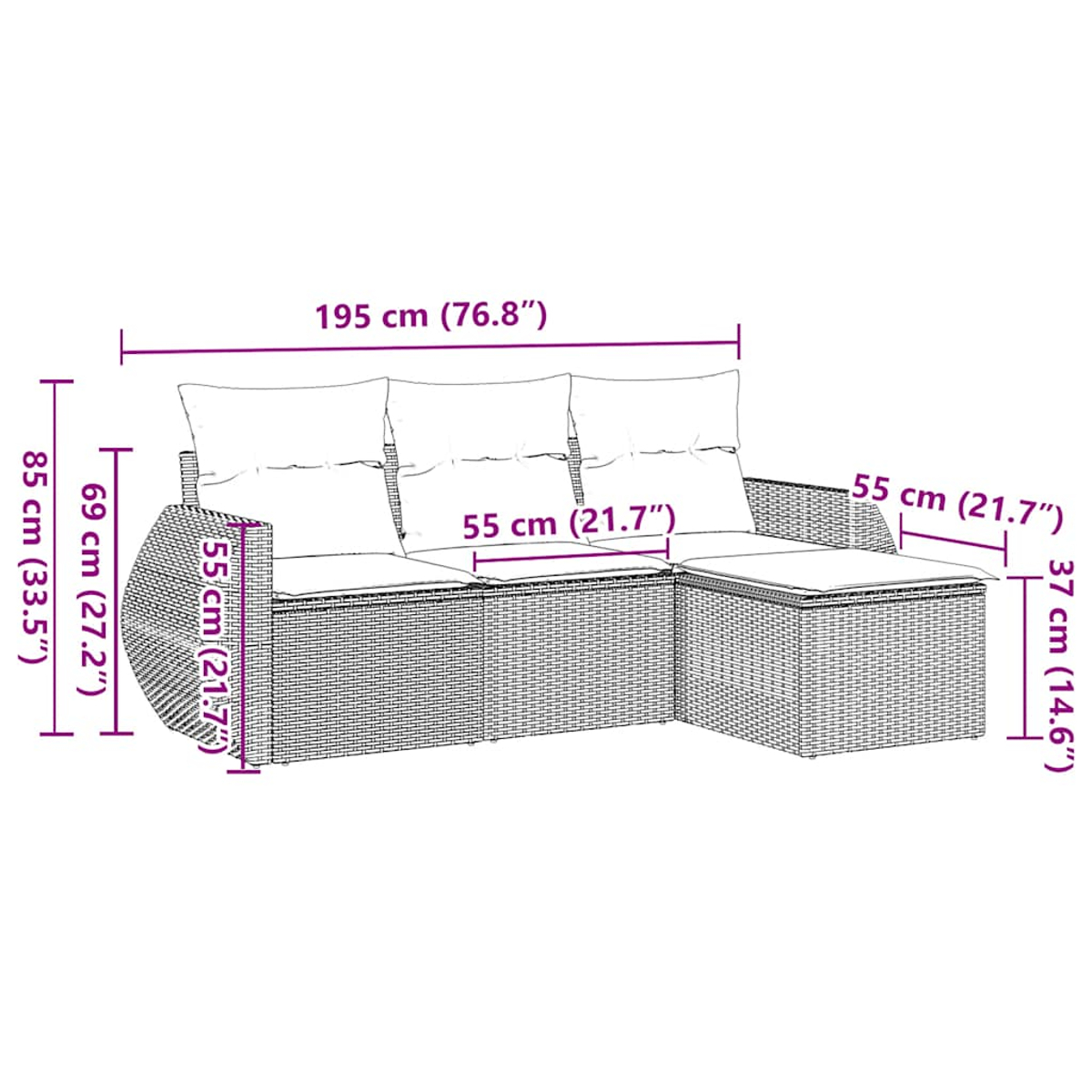 Geflochtenes Outdoor-Sofaset mit Abmessungen. Enthält Sofa und Chaiselongue.