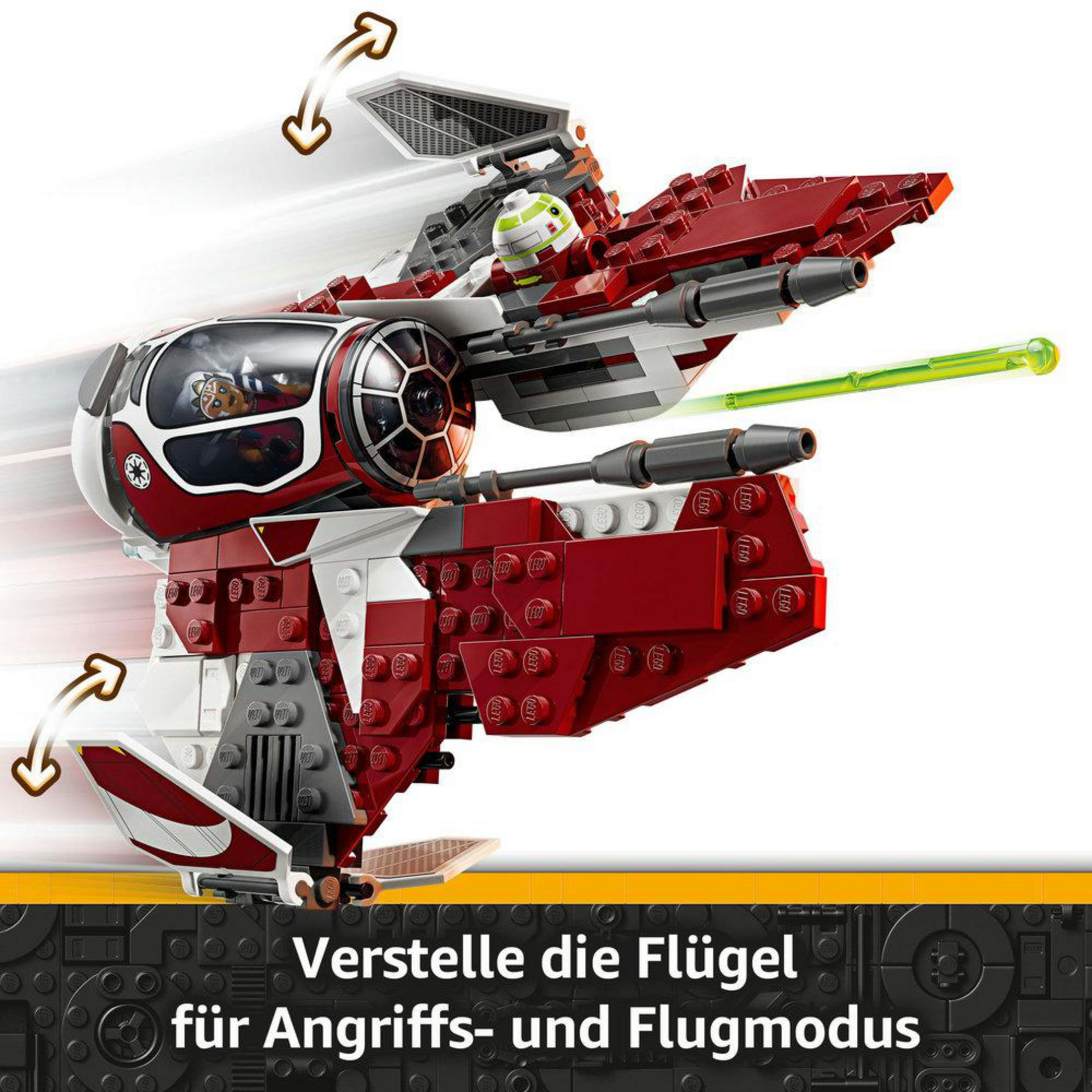 Ein Star Wars Modell mit roten und weißen Details, mit einem grünen Lichtschwert und Pilotenfiguren.