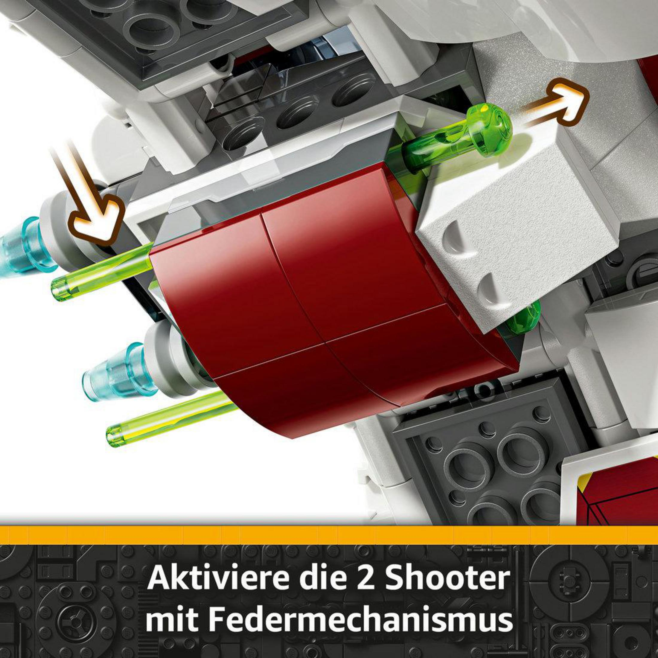 Lego Star Wars Modell mit roten und grünen Details, mit Pfeilen, die den Mechanismus anzeigen.
