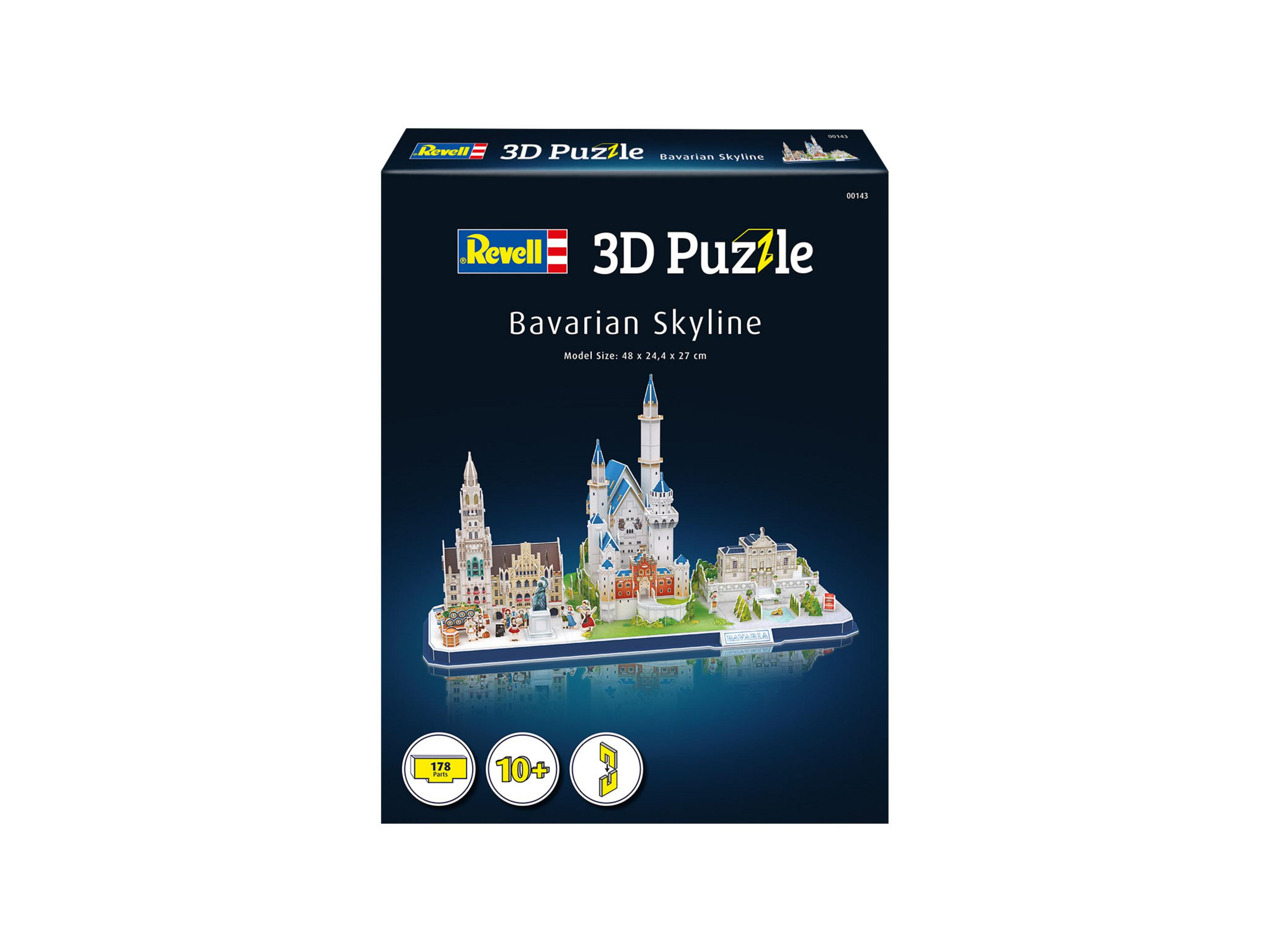 Box art di un puzzle 3D Revell dello skyline bavarese.