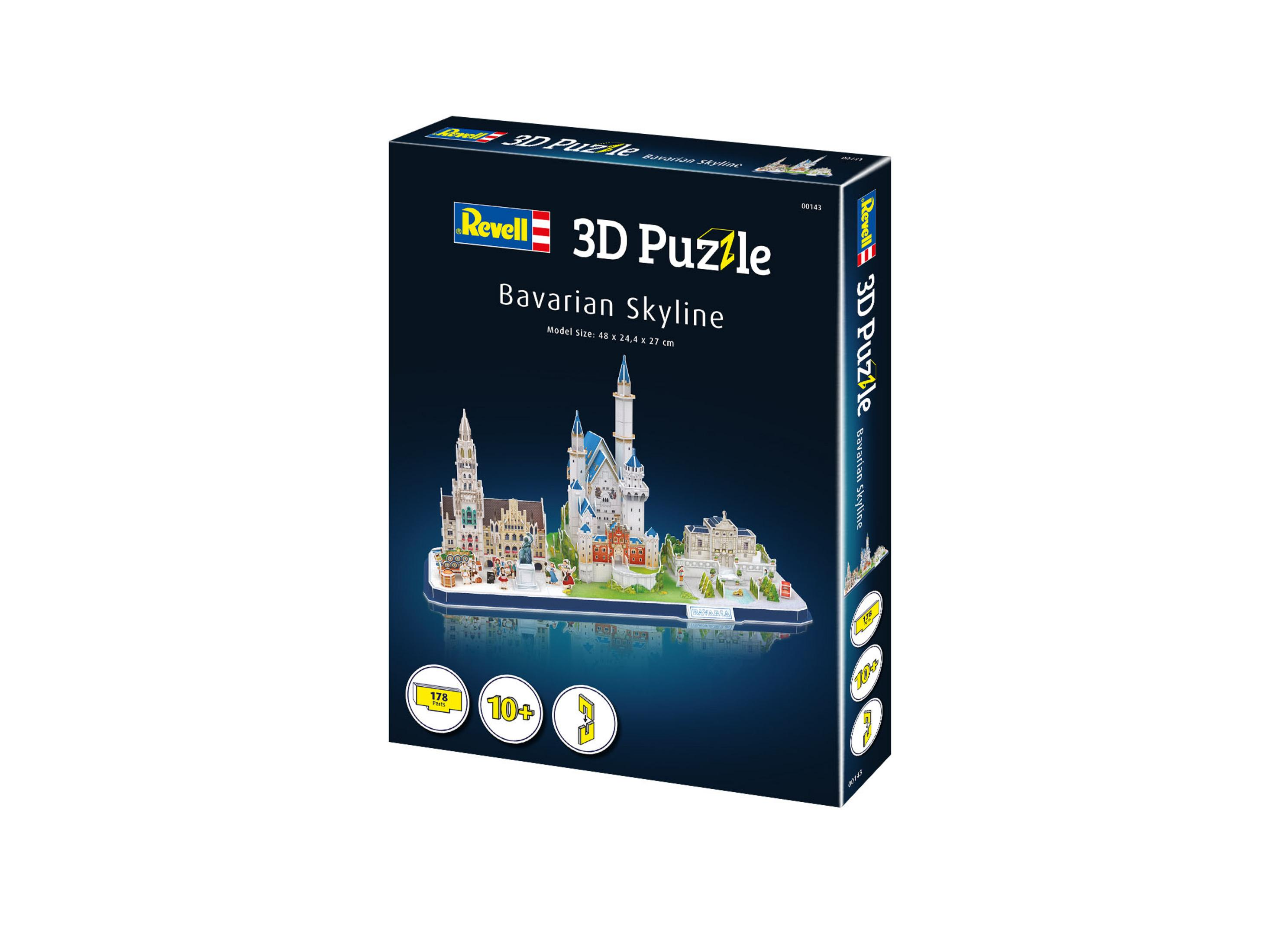 Una scatola di puzzle 3D Revell con un modello dello skyline bavarese, con sfondo bianco.