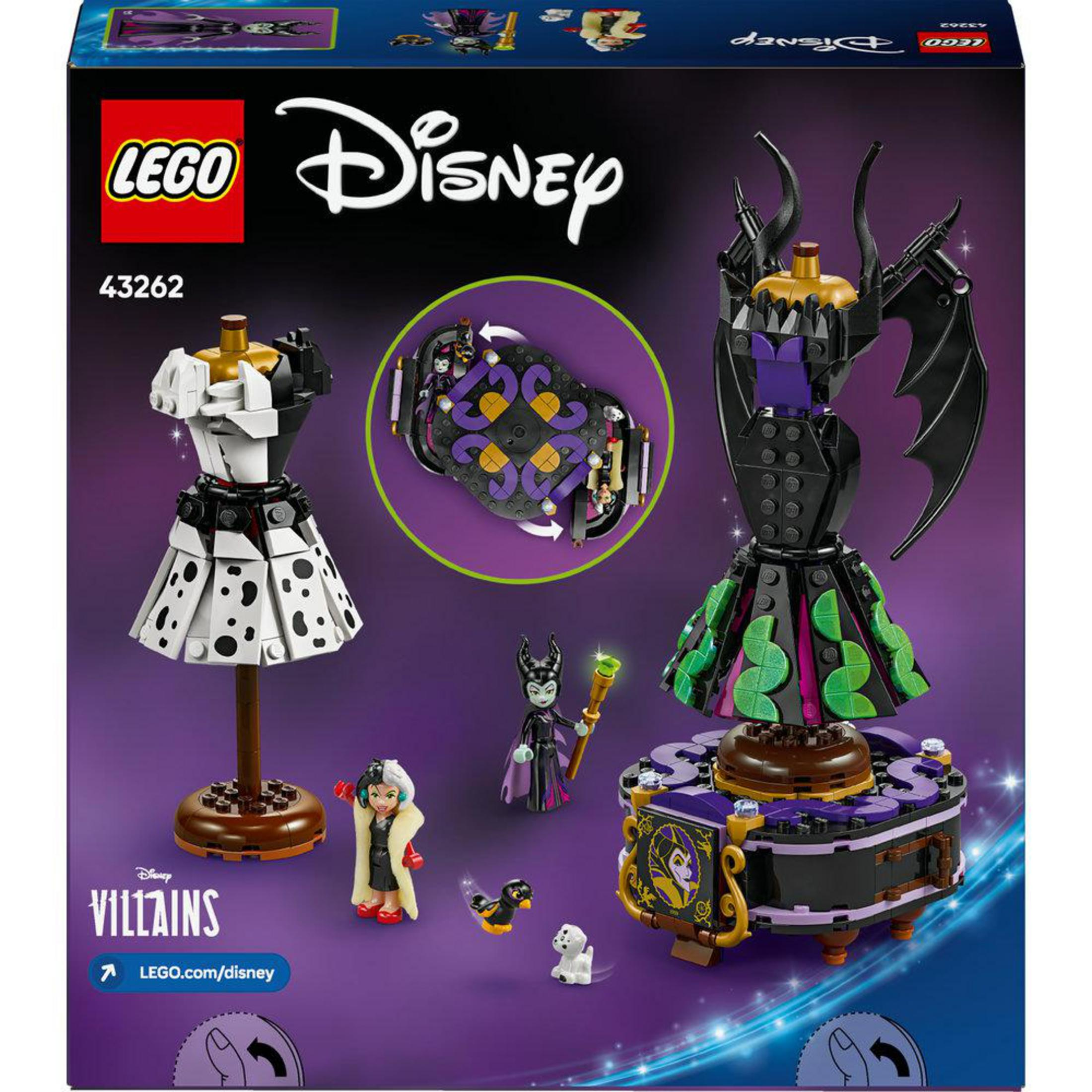 Set LEGO Disney Villanos con figuras de Cruella y Maléfica y construcciones.