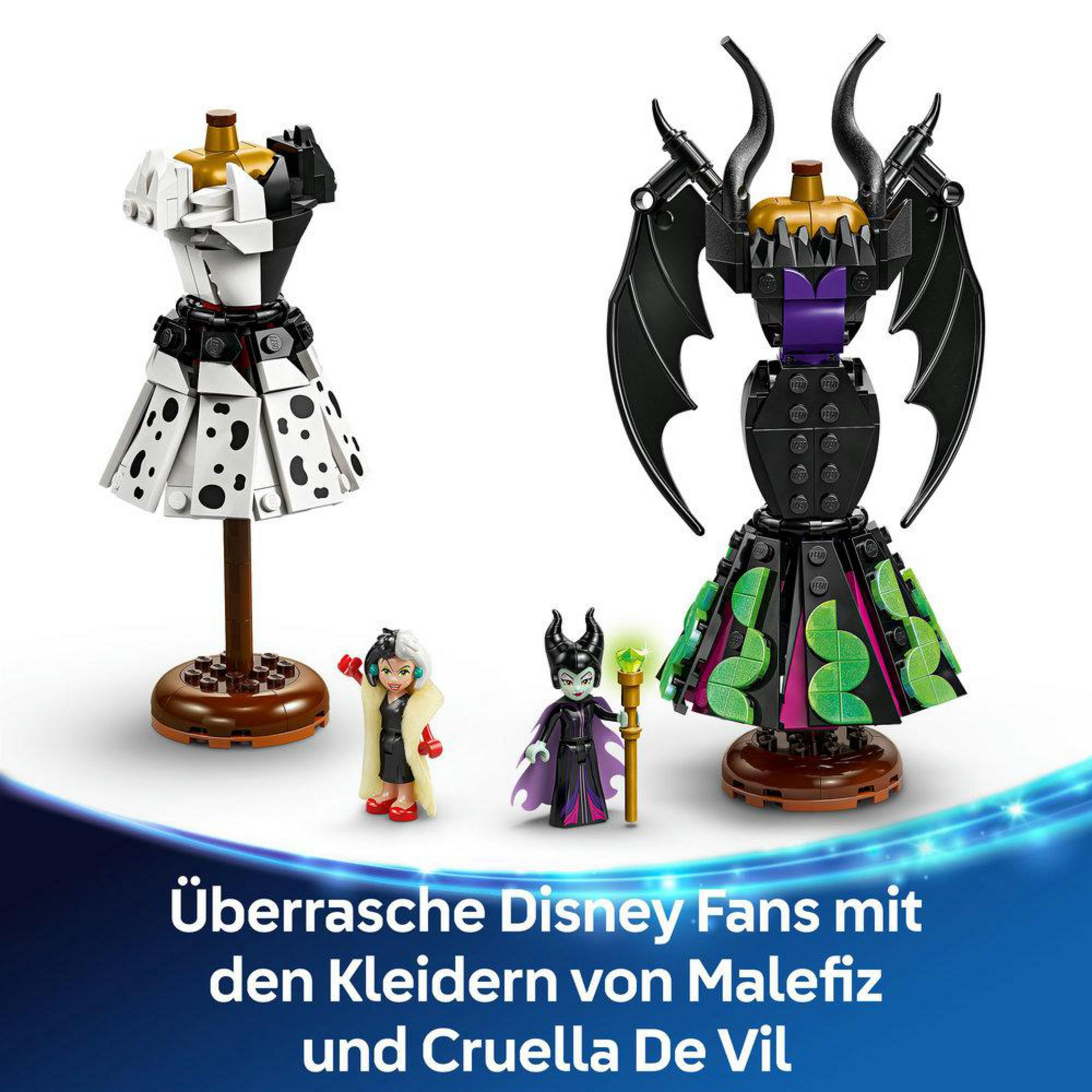 Zestaw LEGO Disney z modelami Maleficent i Cruelli De Vil. Pokazano dwie figurki i dwie sukienki.