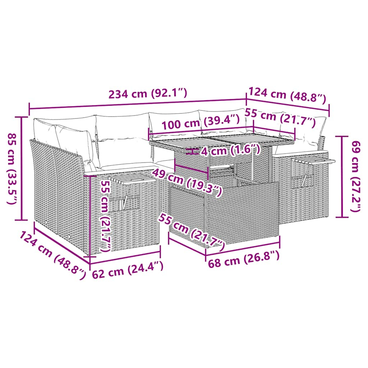 Set di divani in vimini per esterni con dimensioni. Include un tavolo e sedute con cuscini, sfondo bianco.