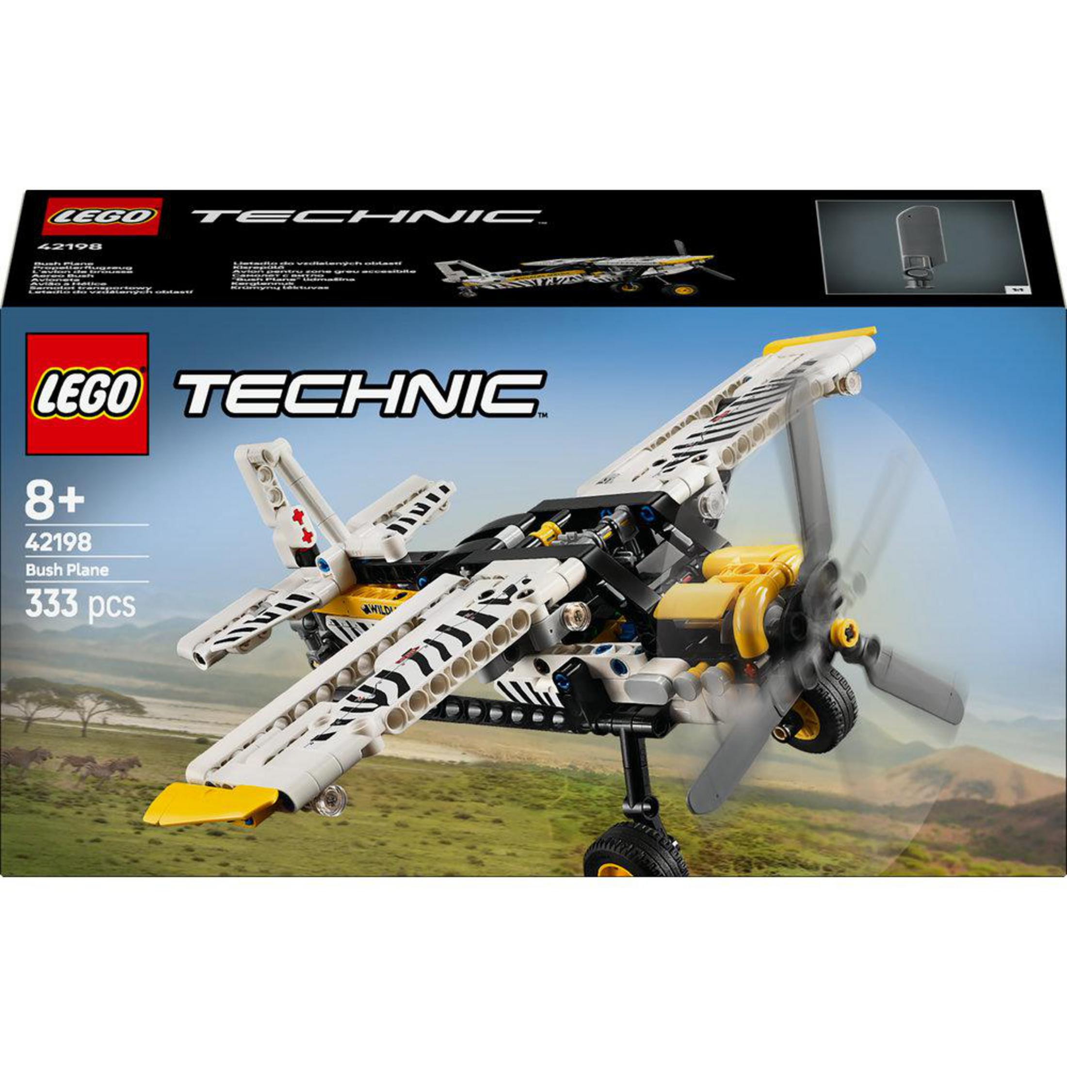 Un set de caja LEGO Technic de un avión blanco y amarillo con rayas negras y aspas giratorias.