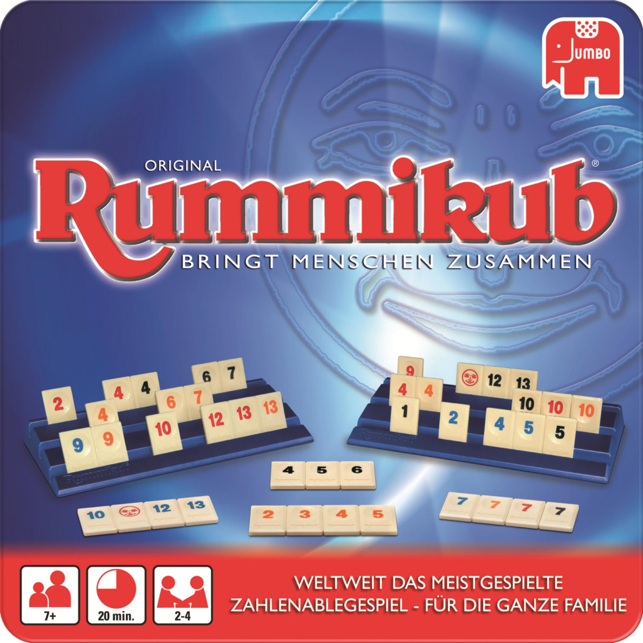 Ein Rummikub-Spiel zeigt Spielsteine mit Zahlen auf einem Spielbrett.