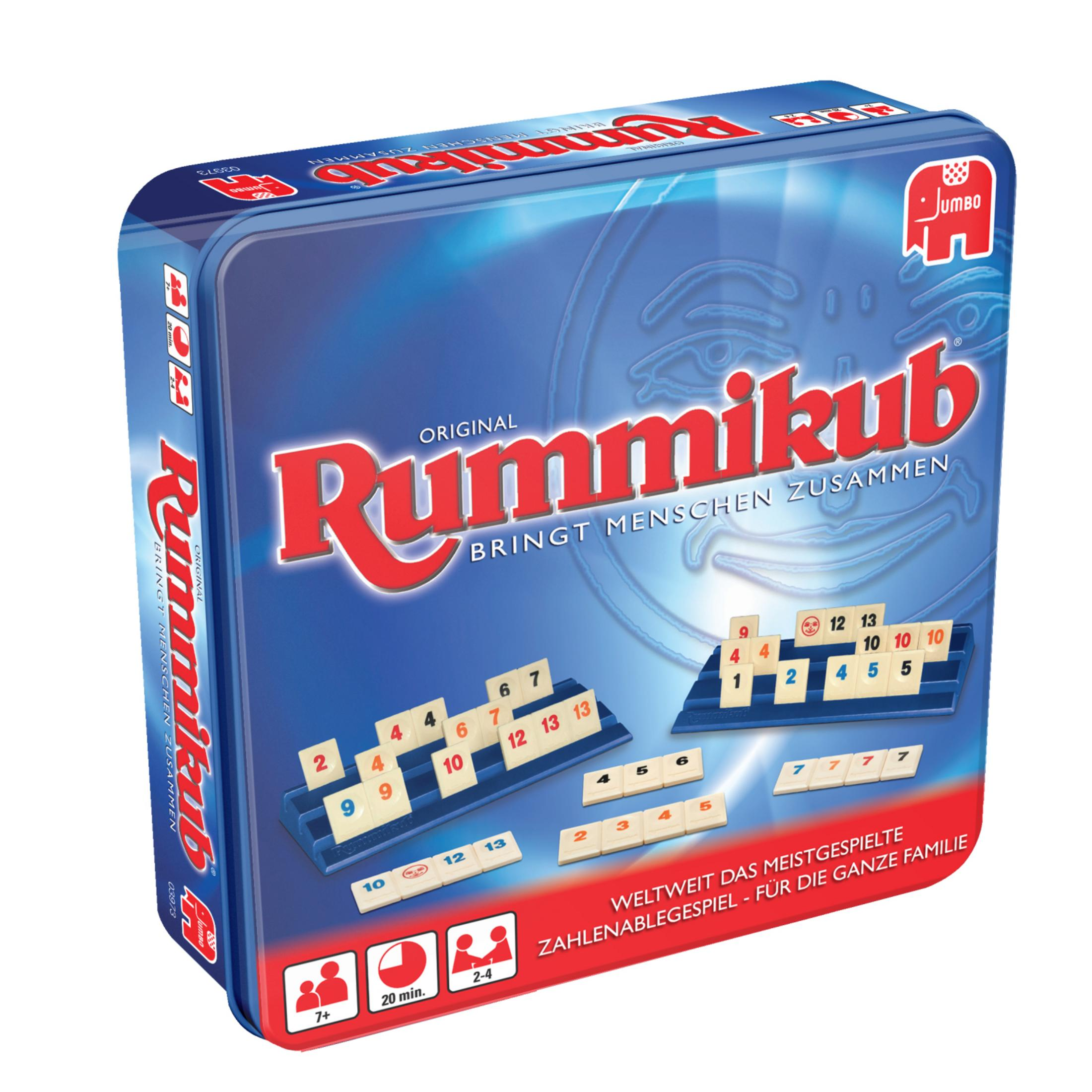 Rummikub-Spielbox, blau mit Spielsteinen auf einem Spielbrett.