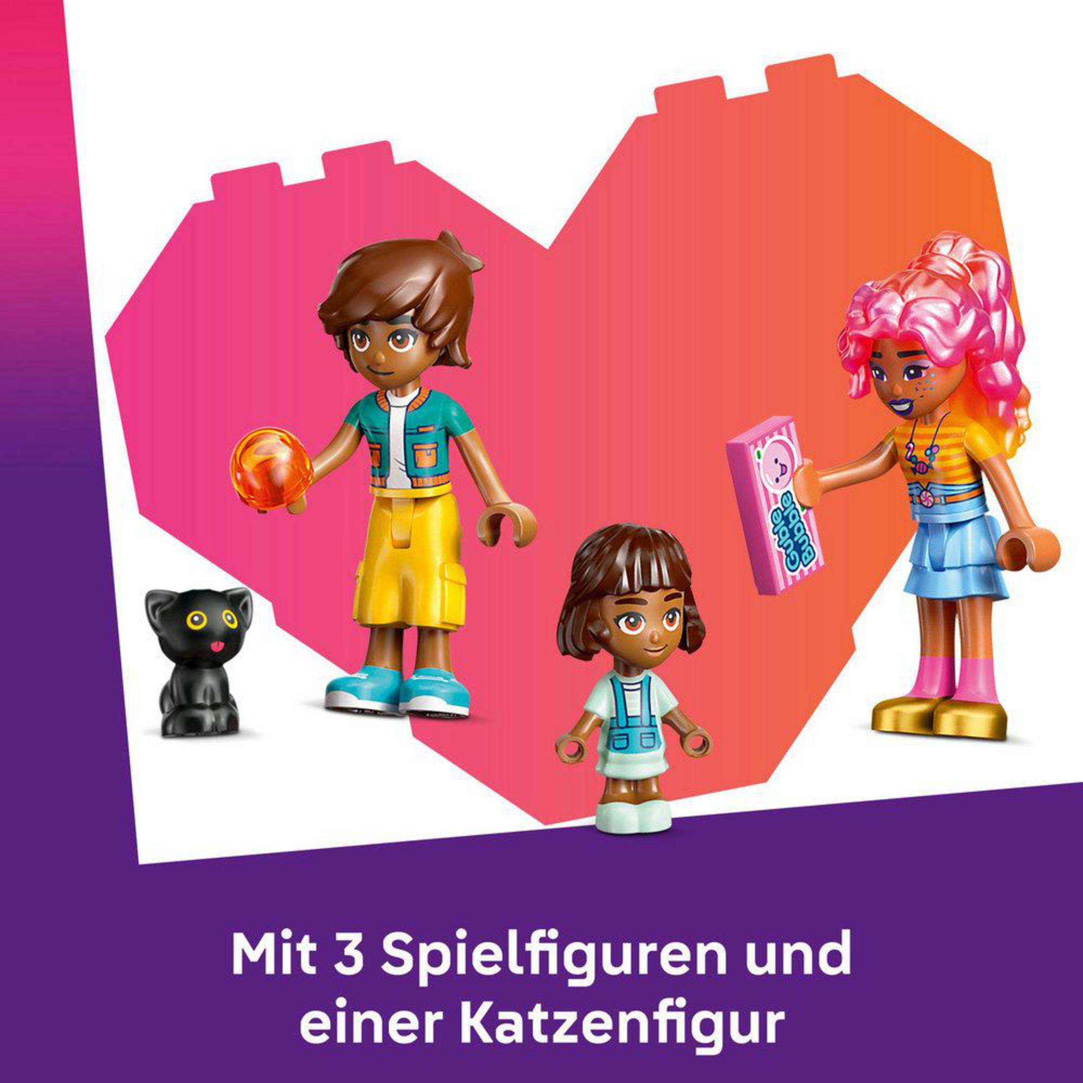 Set LEGO Friends con figuras, un gato negro y un fondo en forma de corazón.
