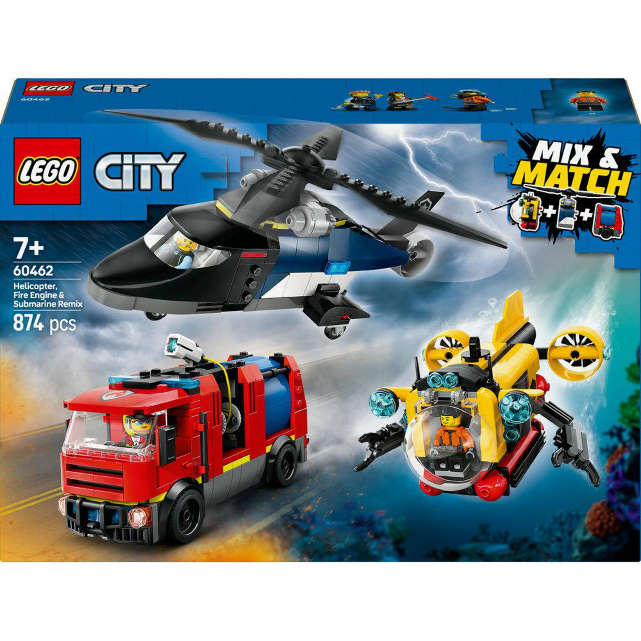 Set de caja Lego City con helicóptero, camión de bomberos y submarino. Incluye figuras.