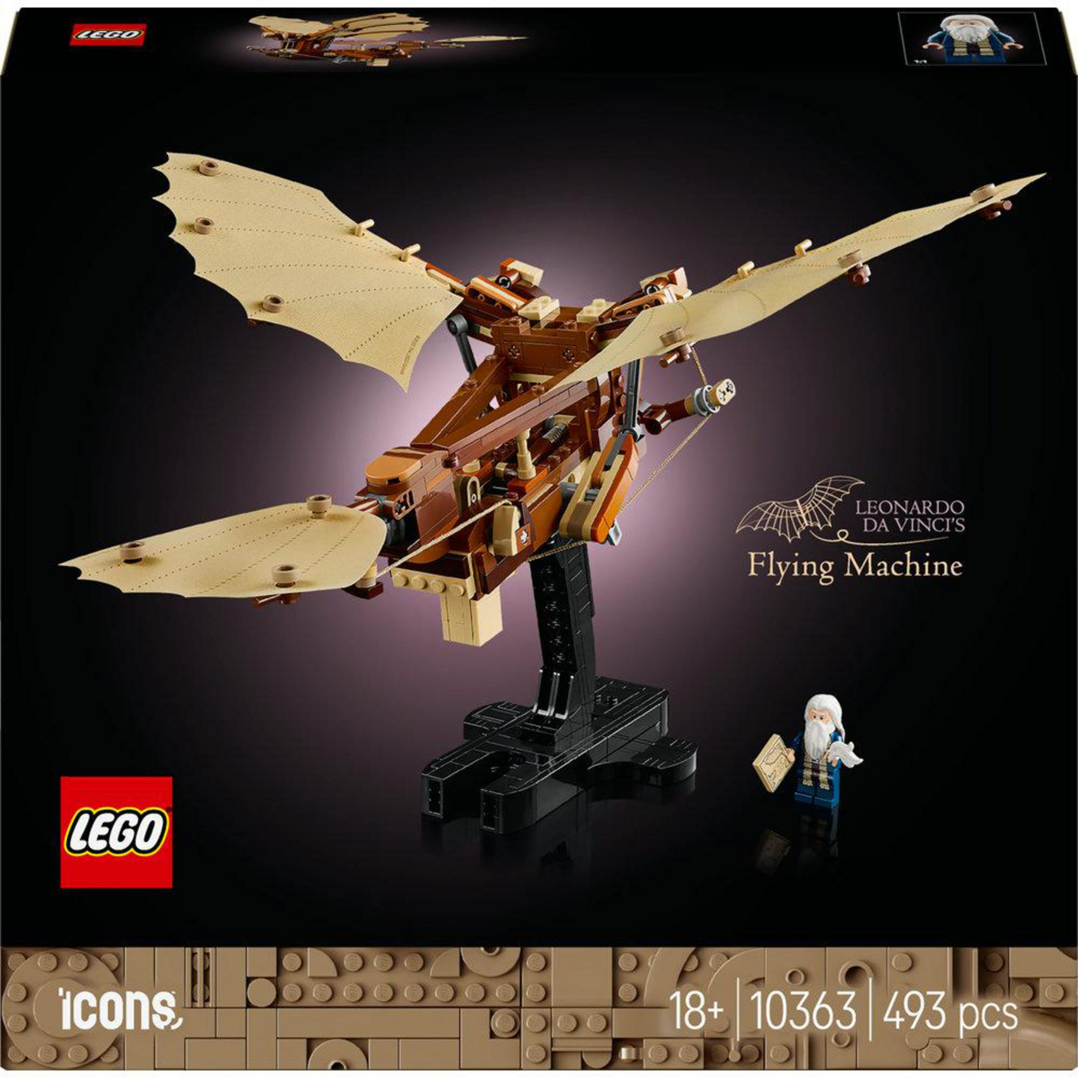 Zestaw LEGO Maszyna latająca Leonarda da Vinci. Brązowy model, stojak i minifigurka.