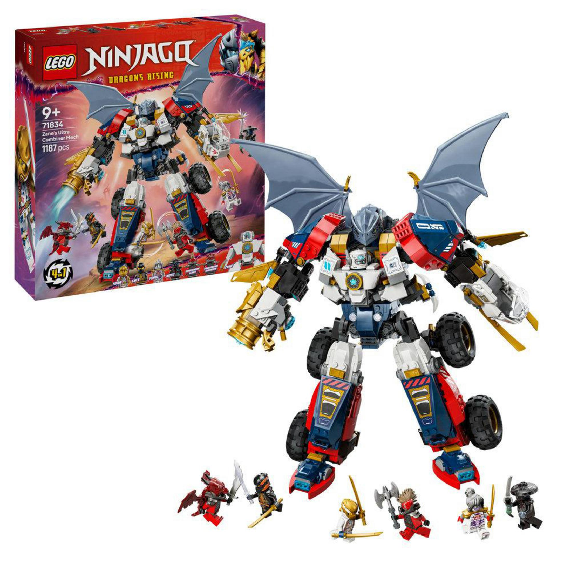 LEGO Ninjago seti, büyük bir mekanik ve minifigürler ile, set kutusu arka planda.