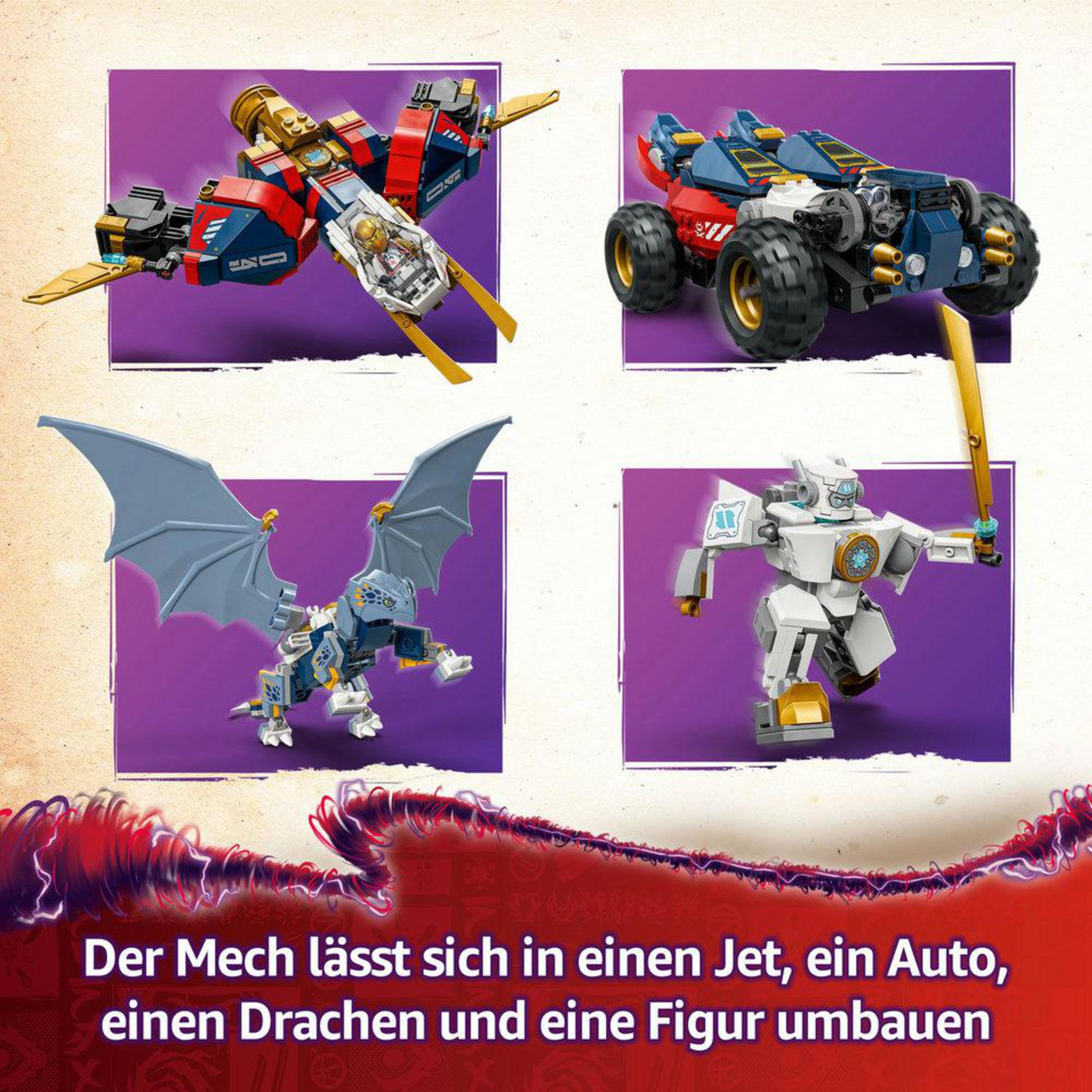 Cztery modele LEGO: odrzutowiec, samochód, smok i figurka, wszystko na fioletowym tle.