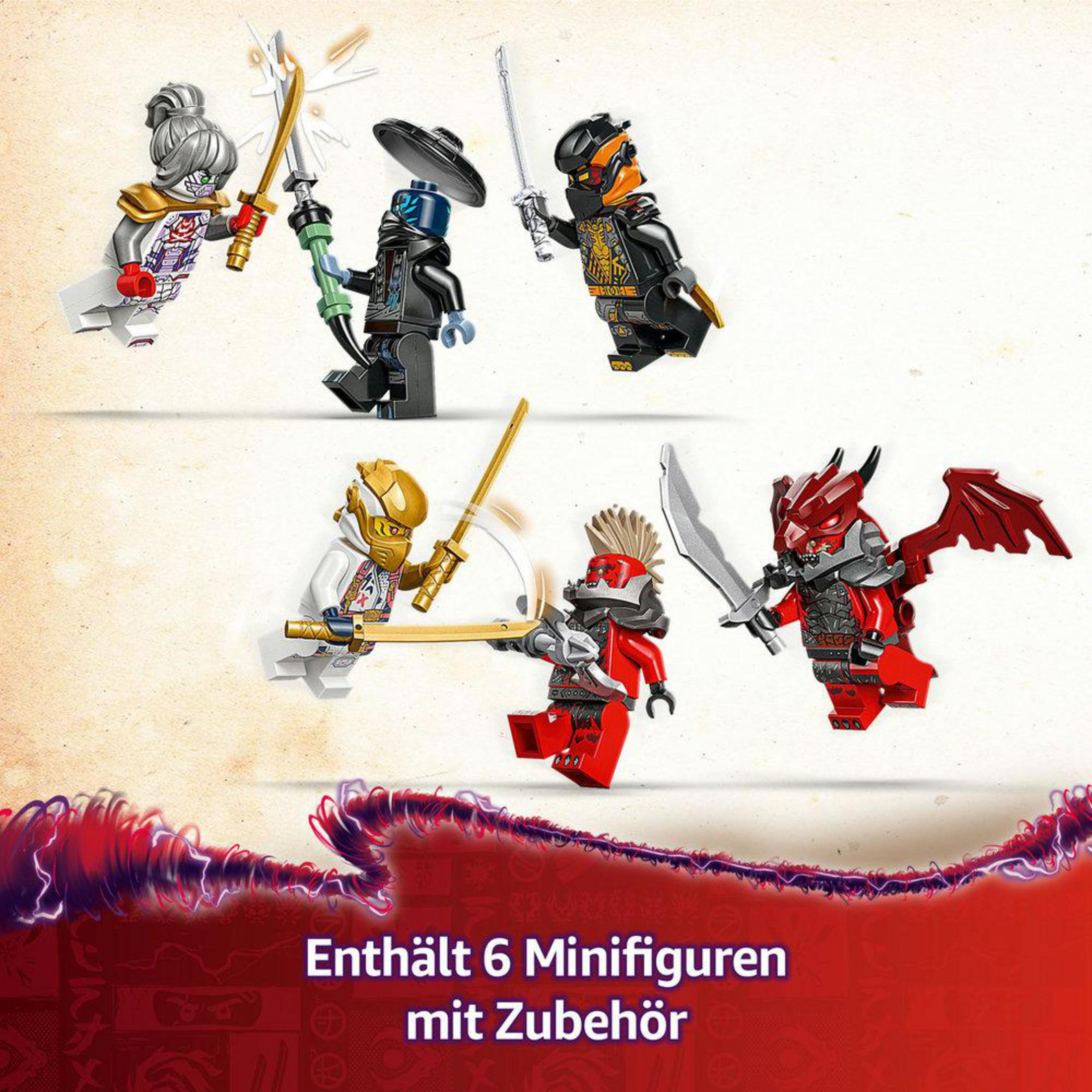 Minifigurki Lego Ninjago z różną bronią, wyświetlane na czerwonym tle, z tekstem na dole.