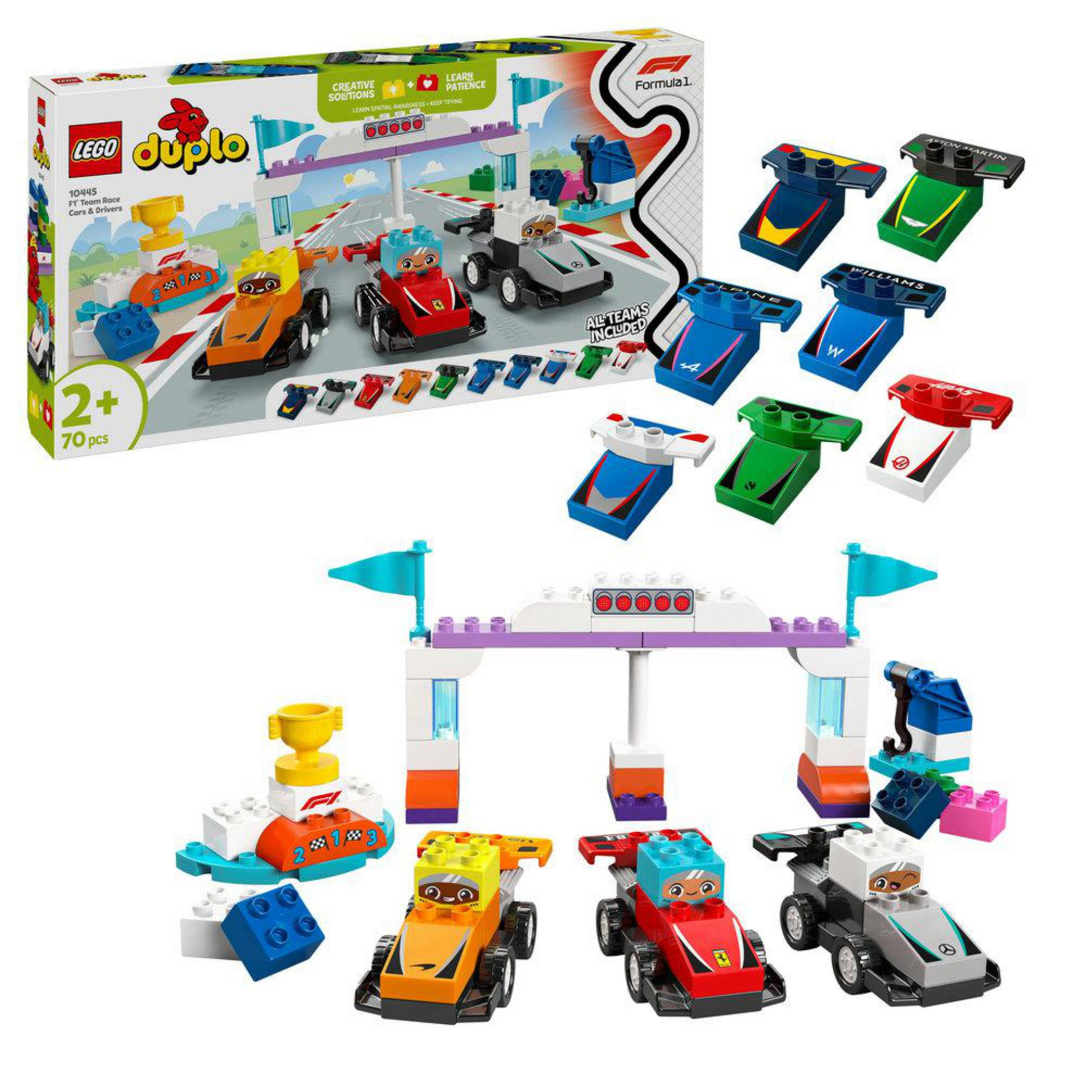 Set da corsa Lego Duplo con auto, piloti, pista e accessori.