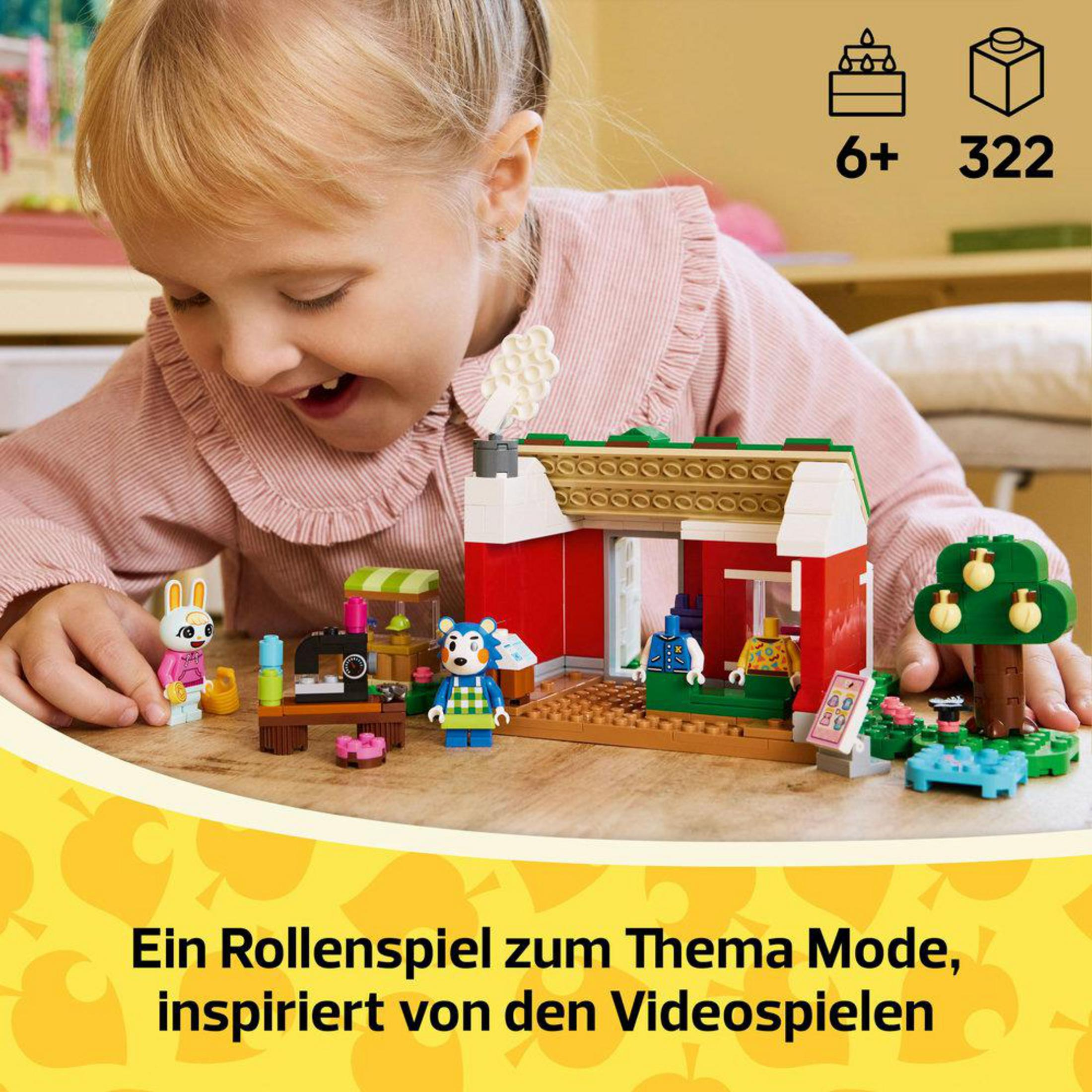 Una niña jugando con un set de Lego con una casa, personajes y accesorios, inspirado en videojuegos.
