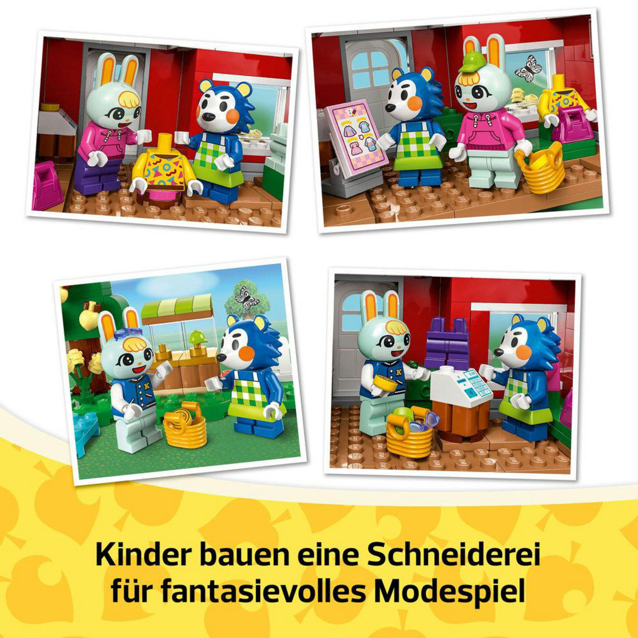Zestaw Lego. Cztery sceny przedstawiające postacie królików w otoczeniu krawca.