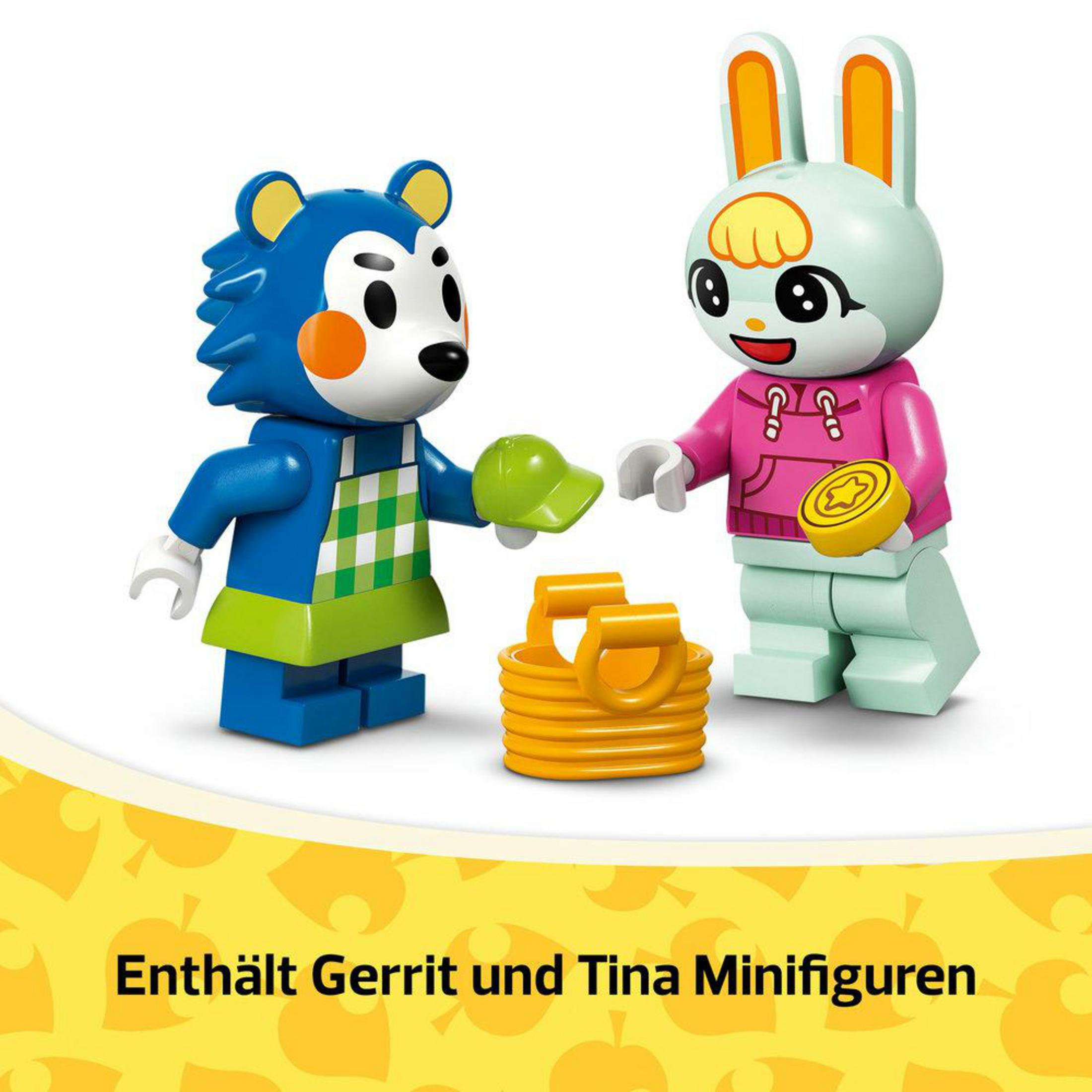 Figurki Lego: niebieski miś i zielony kapelusz, różowy królik ze złotą monetą i koszem.