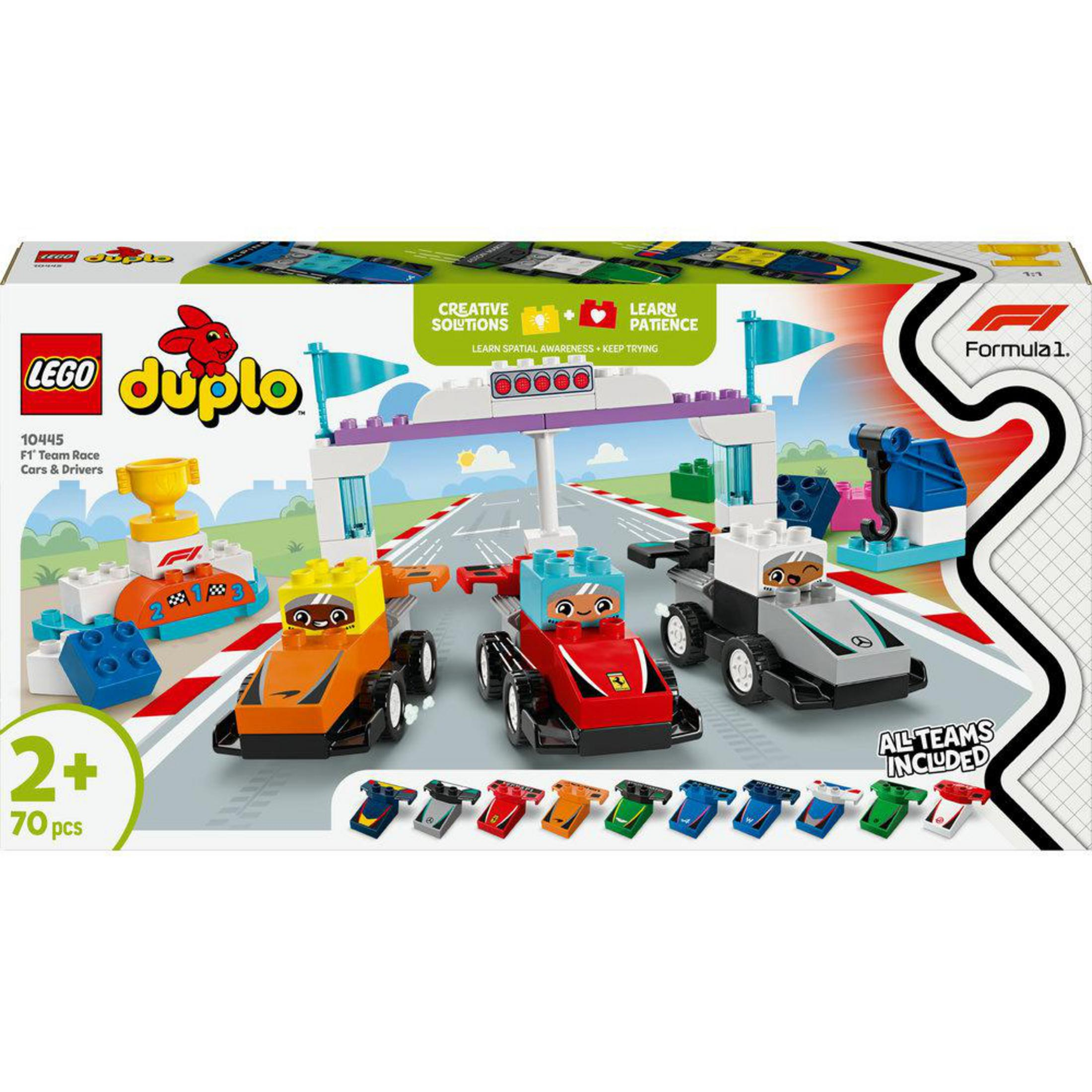 Set Lego Duplo di auto da corsa F1 e piloti, un traguardo e un trofeo.