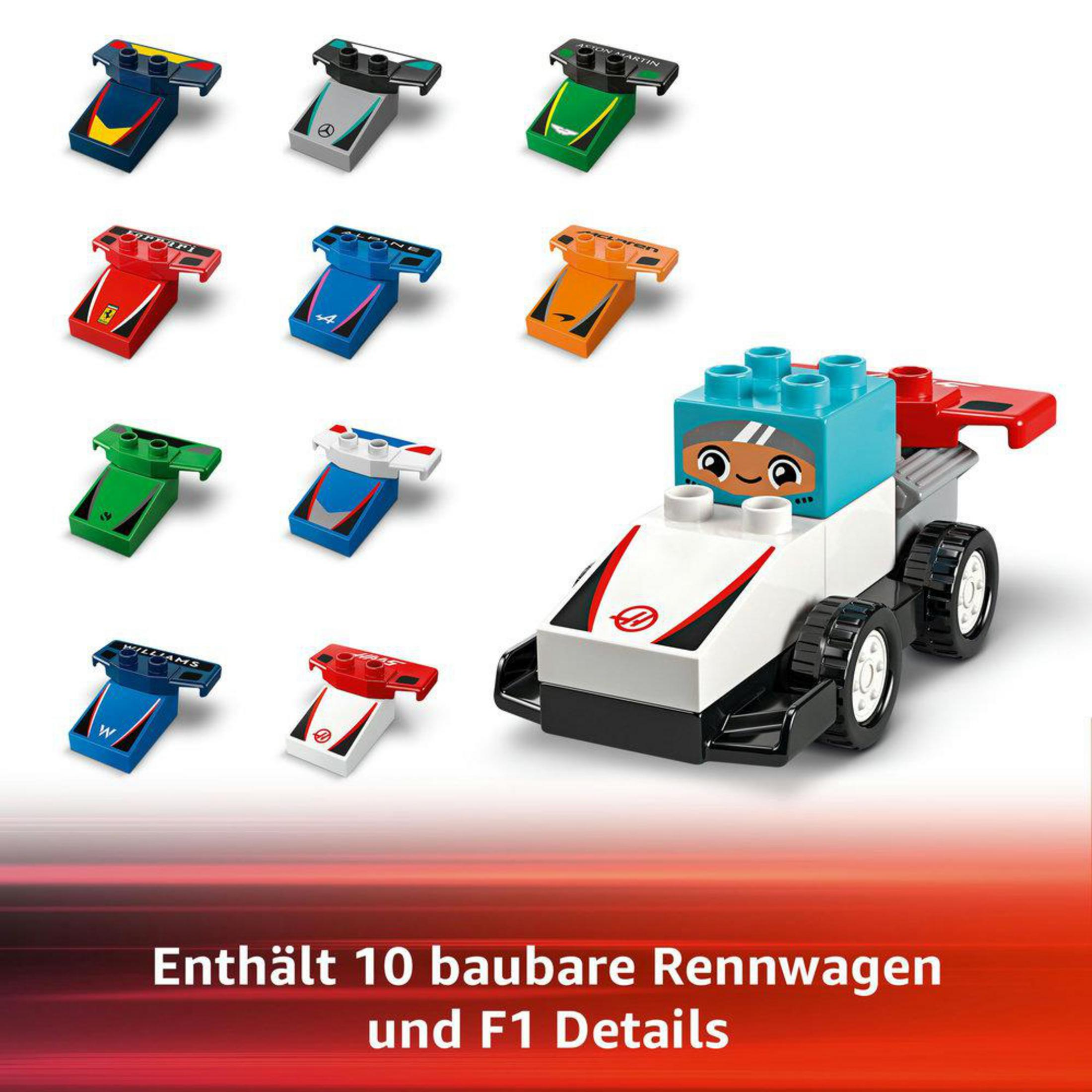 Set Lego Duplo. Dieci auto da corsa in una varietà di colori.
