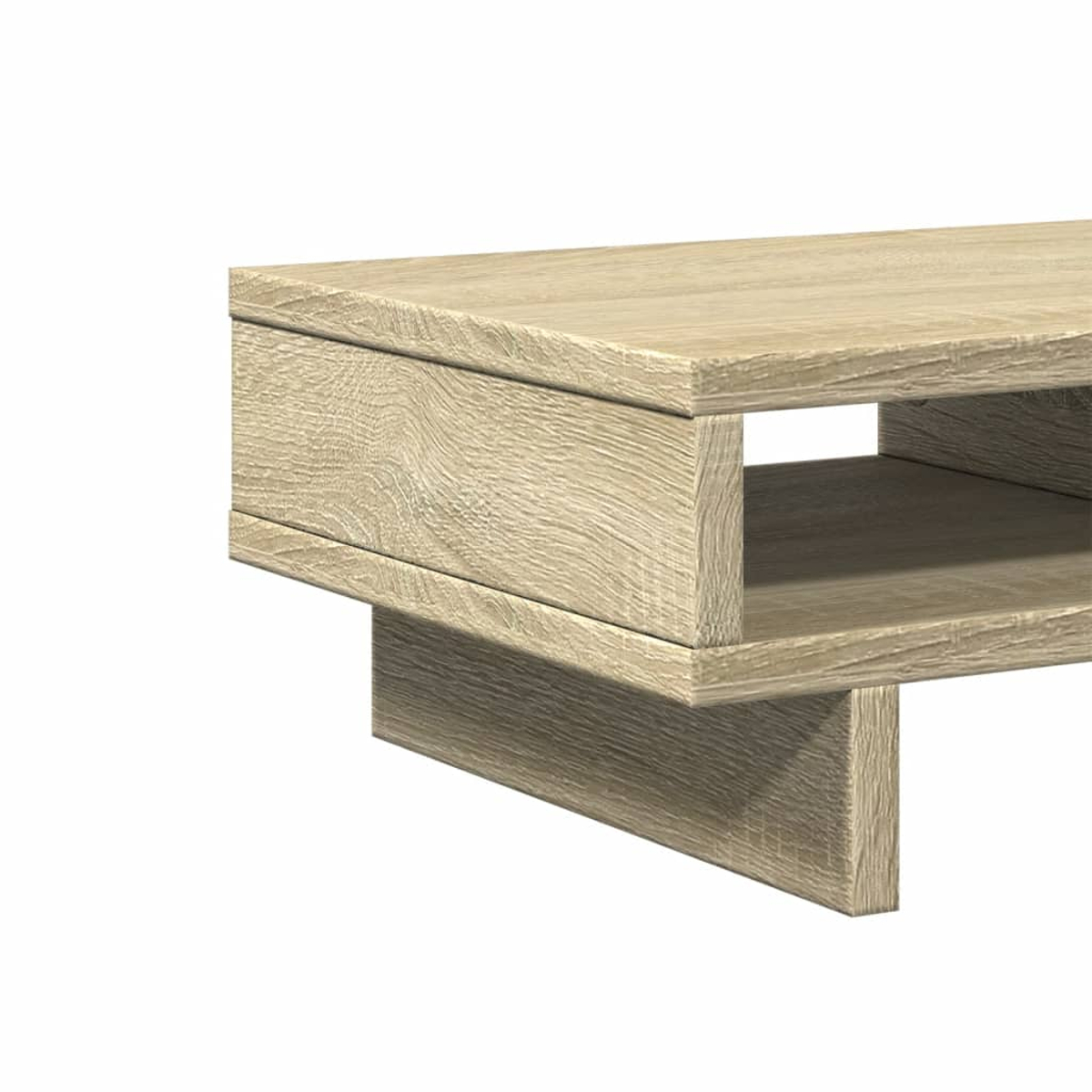 Ein hellbrauner Couchtisch aus Holz mit einer Schublade. Der Tisch steht vor einem weißen Hintergrund.