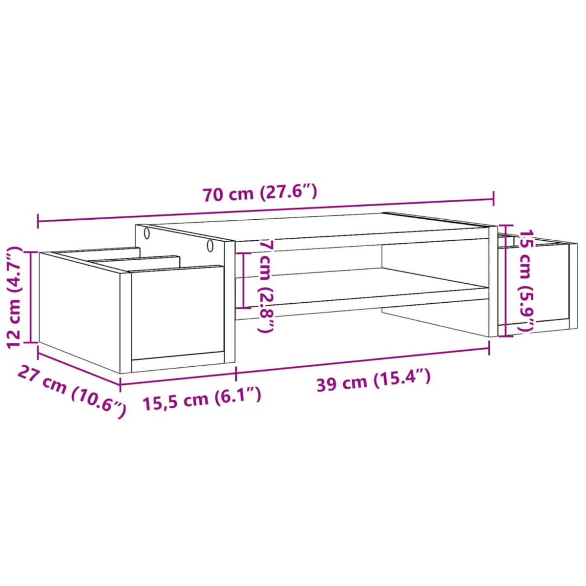 Ein hellbrauner Schrank mit Schublade und offenem Bereich. Abmessungen sind beschriftet.