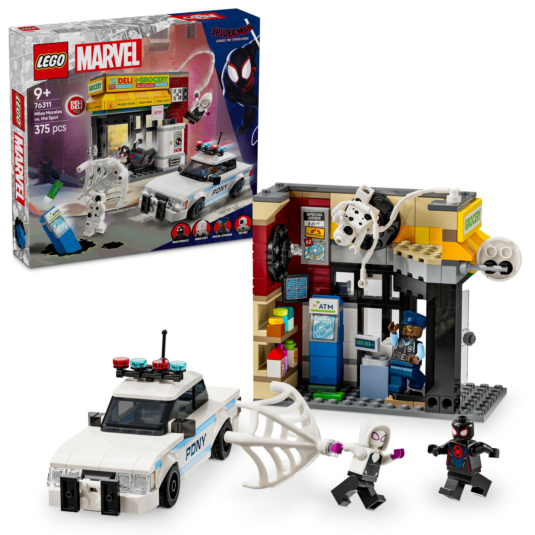 Set de Lego Marvel con Spider-Man, coche de policía y una tienda.