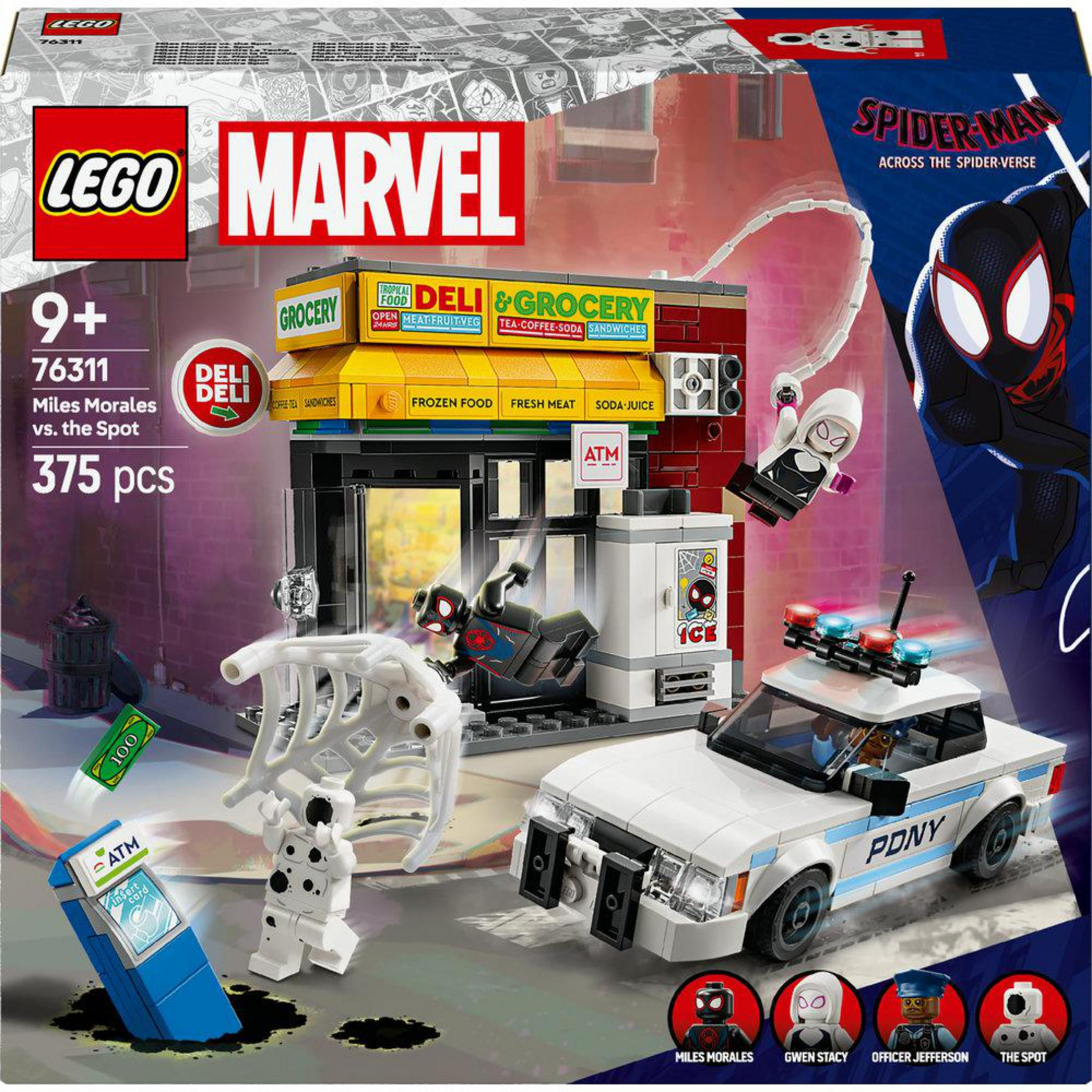 Caja del set LEGO Marvel con Spider-Man, Miles Morales y The Spot. La escena es un deli.