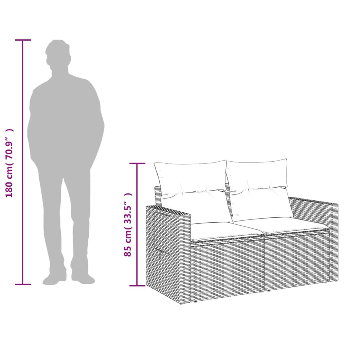 Mann steht neben einem Rattan-Außensofa. Abmessungen von Sofa und Mann sind beschriftet.