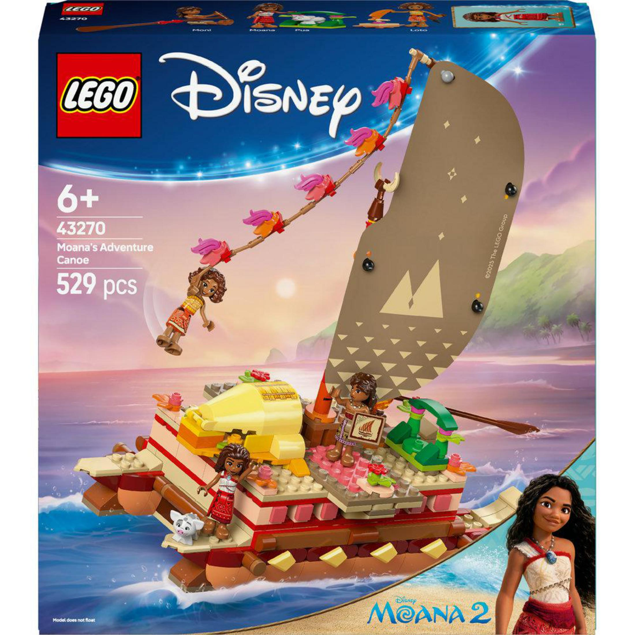 Zestaw Lego Disney Moana. Model łodzi z figurkami znajduje się przed pudełkiem.