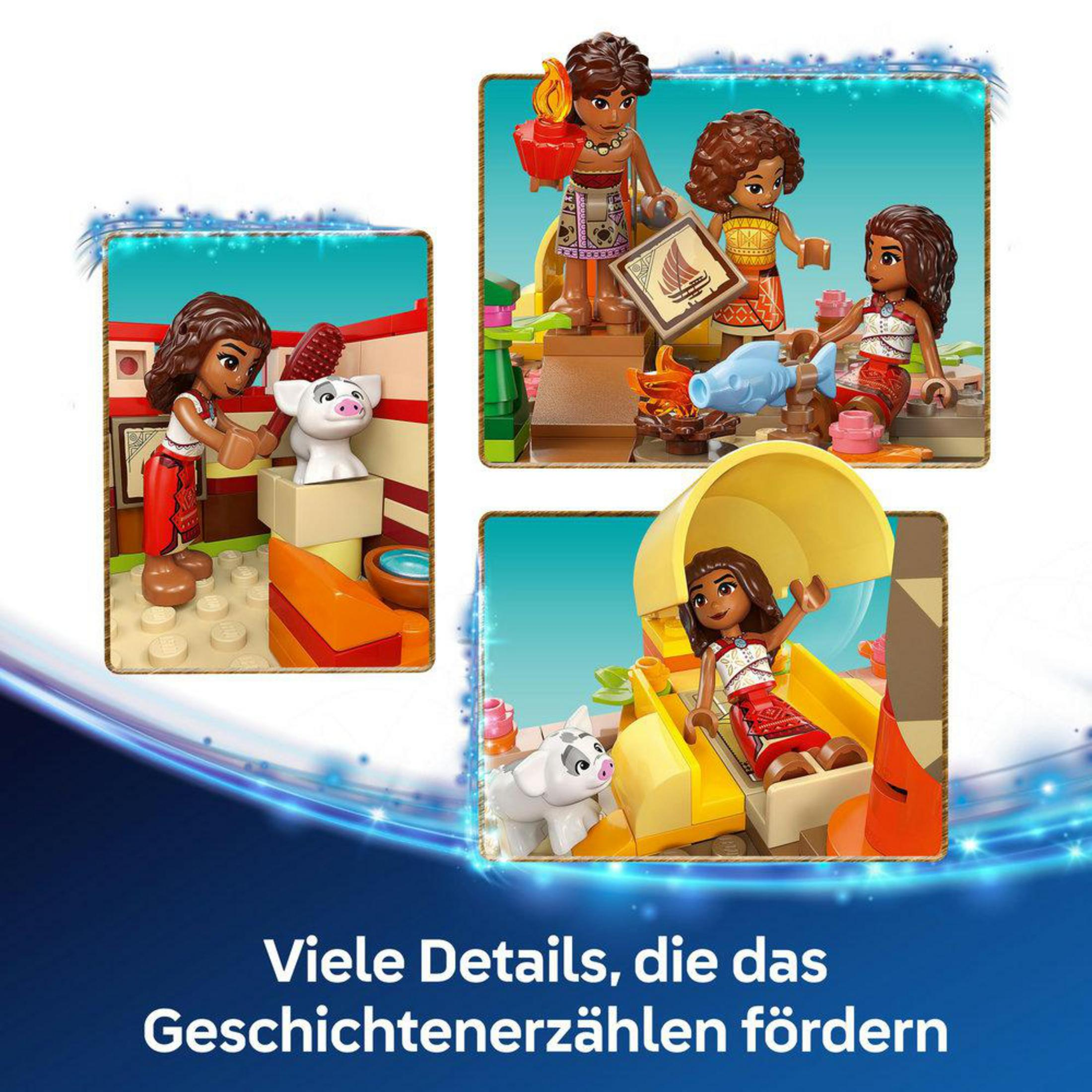 Trzy figurki Lego Disney Moana w różnych scenach. Widoczna jest również łódź i świnka.