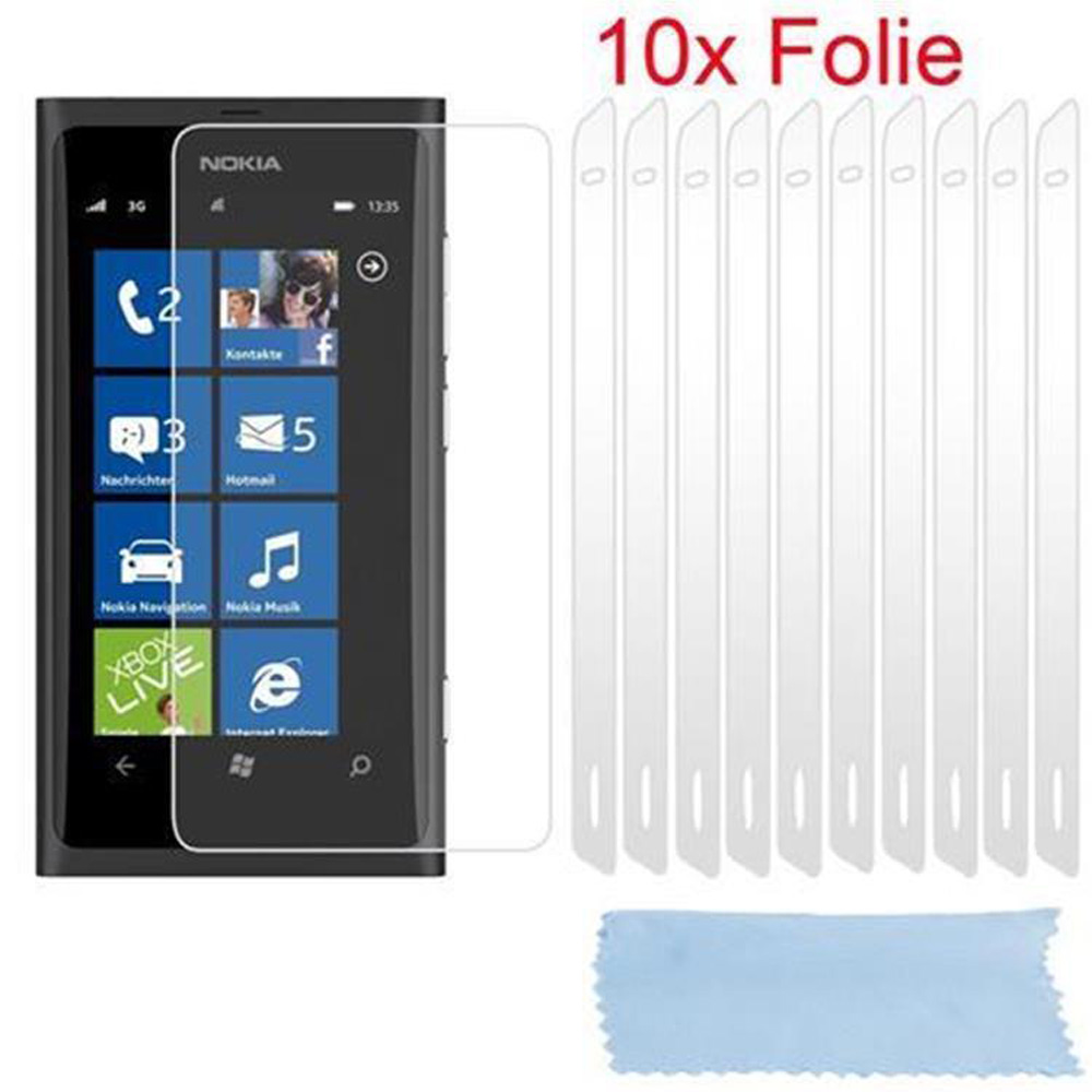 Un teléfono Nokia con un protector de pantalla y un paño de limpieza.