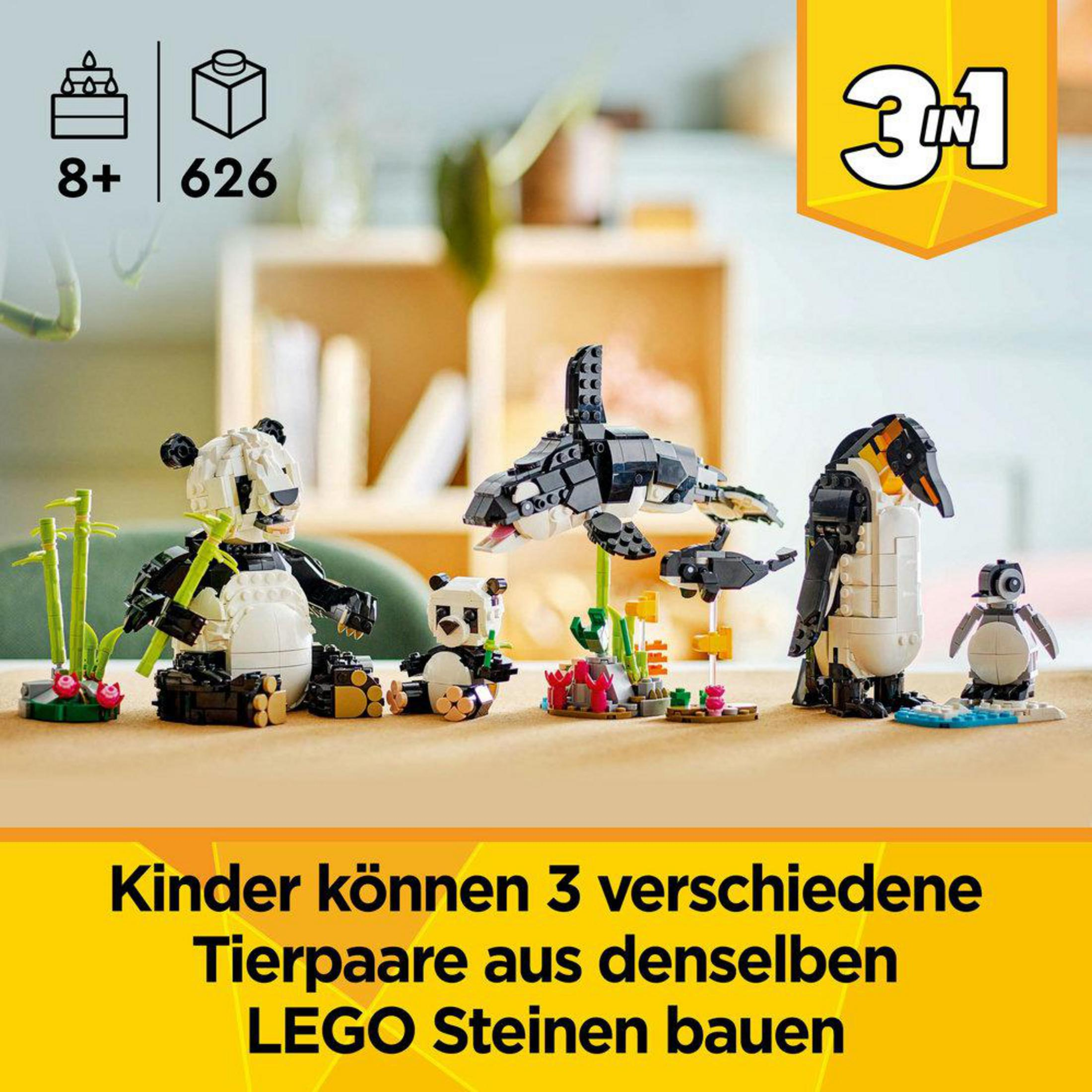 Zestaw LEGO Creator z pandą, orką, pingwinami i pudełkiem. Tekst: 'Dzieci mogą zbudować 3 pary zwierząt'.