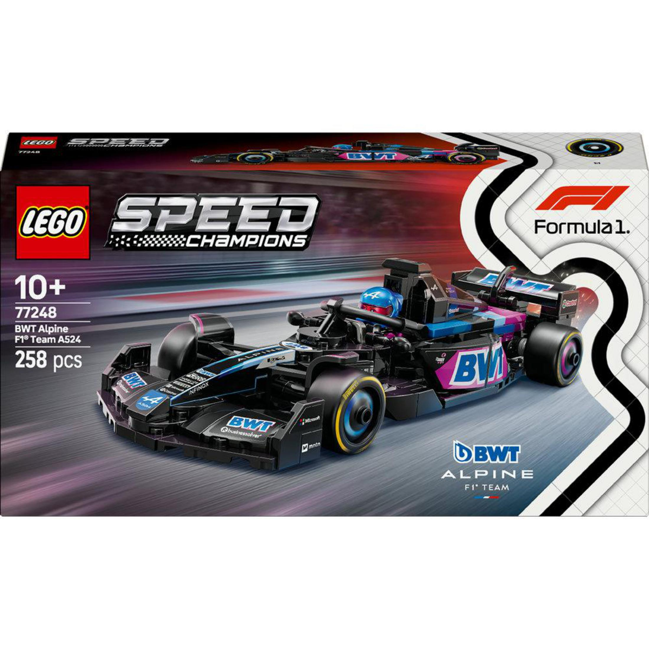 Auto da corsa LEGO Speed Champions F1, nera, blu e rosa, con confezione e logo Formula 1.