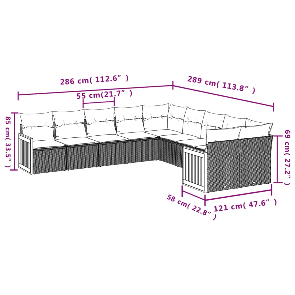 Modulares Outdoor-Sofa mit angezeigten Abmessungen, mehreren Kissen und einem Holzrahmen.