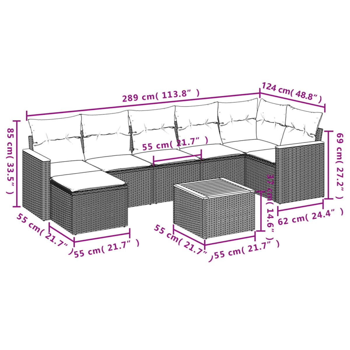 Ecksofa aus Korbgeflecht mit Maßen. Ein separater Hocker und Couchtisch sind ebenfalls enthalten.
