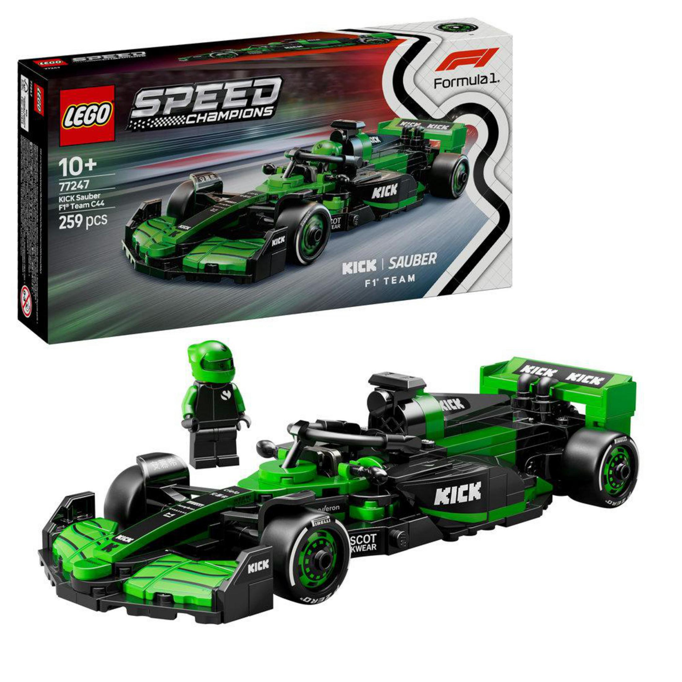 Set LEGO Speed Champions. Auto da corsa F1 verde con scatola nera. Include una minifigure di pilota.