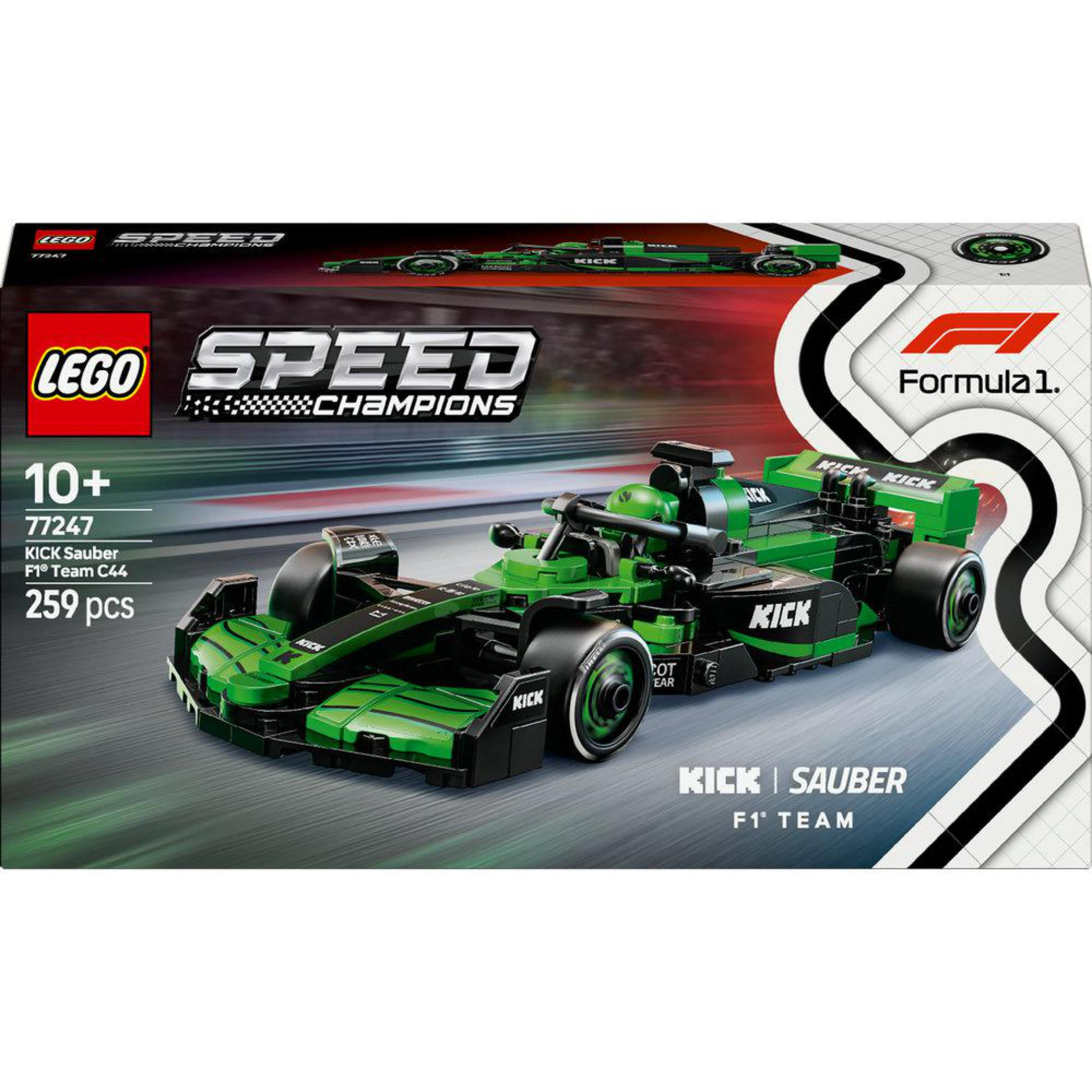 Un set di auto da corsa Lego Speed Champions verde. L'auto è verde e nera.