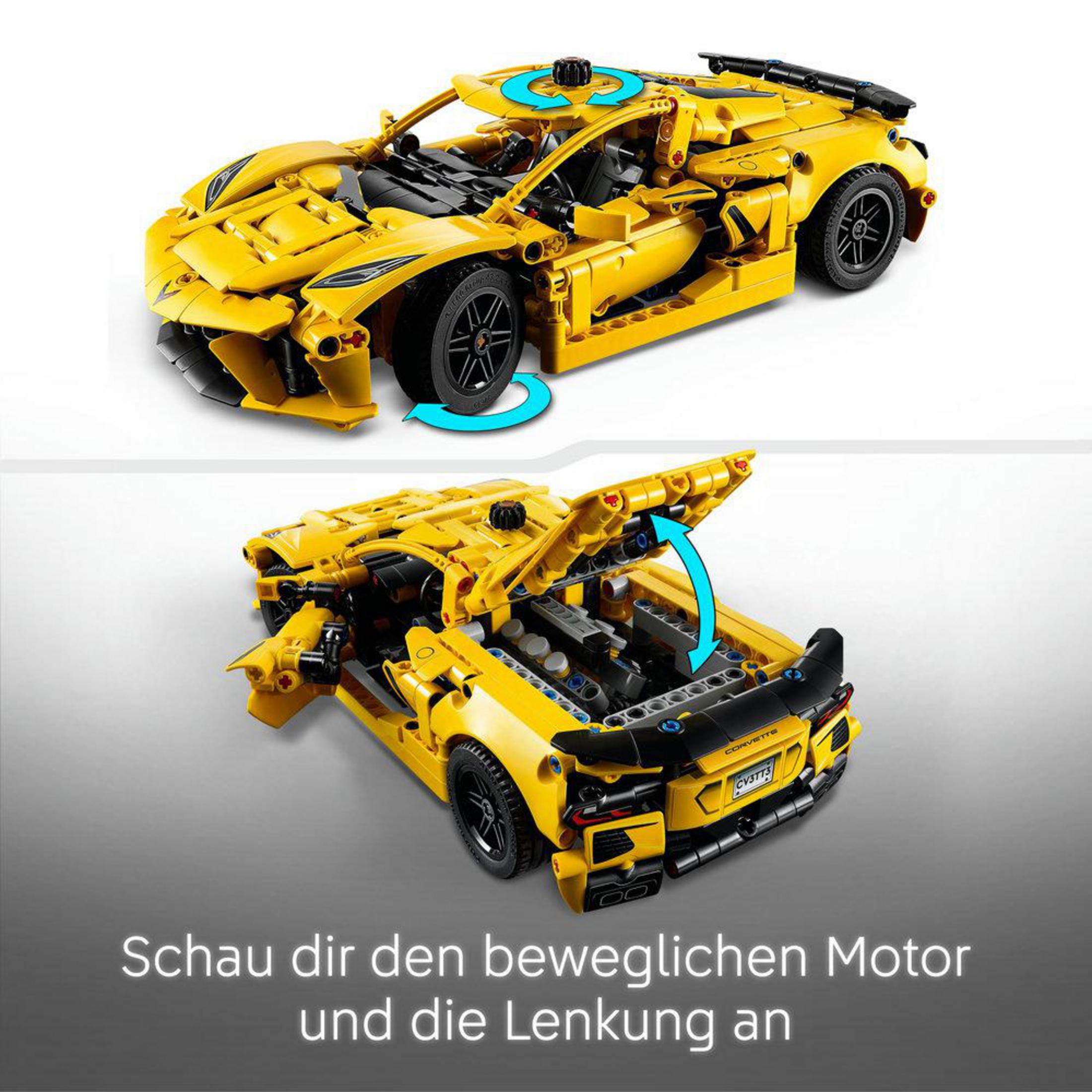 Vistas superior e inferior de un coche modelo Lego Corvette amarillo con piezas móviles.