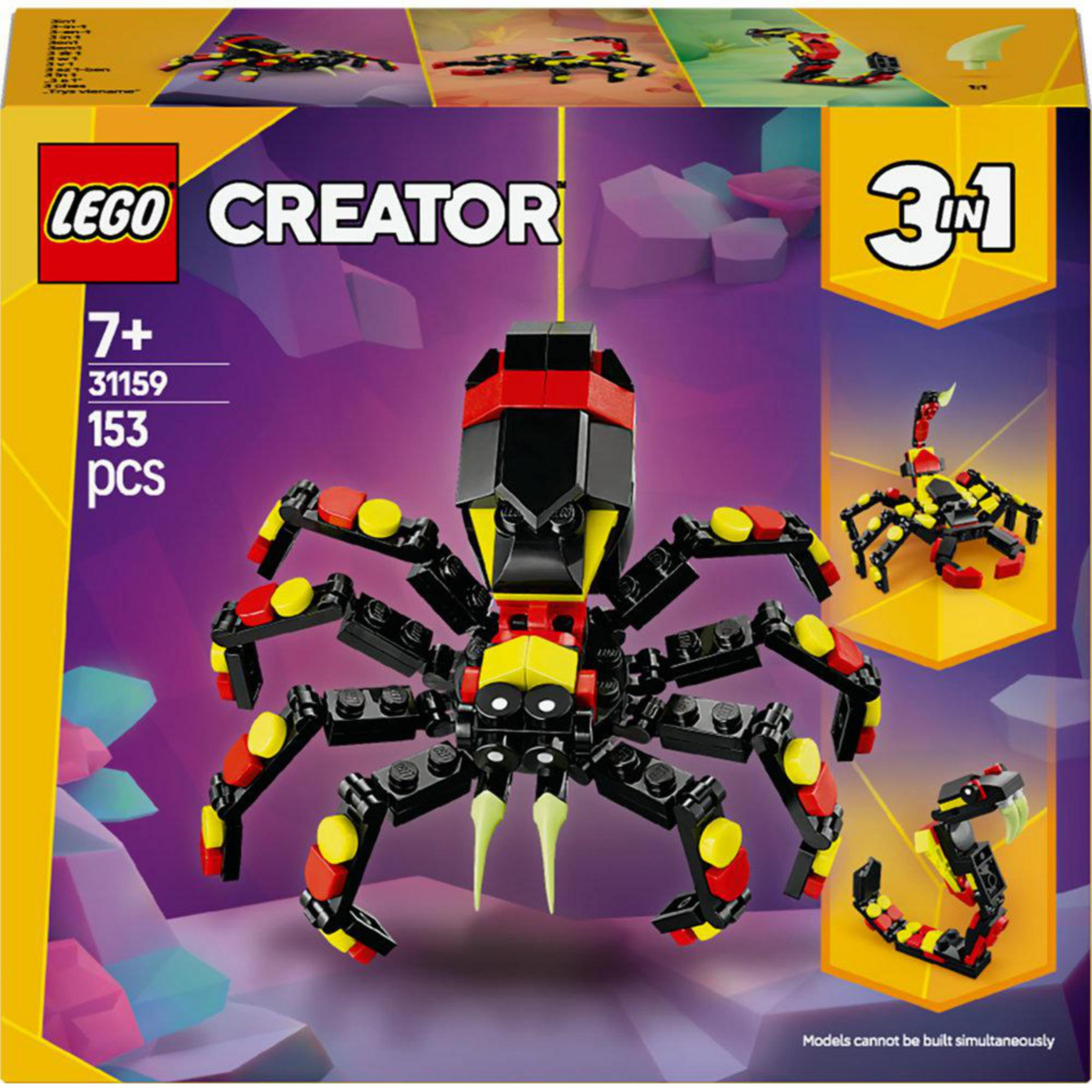 Zestaw Lego Creator. Pudełko pokazuje model pająka, z opcjami skorpiona i węża. Czarne, czerwone i żółte kolory.