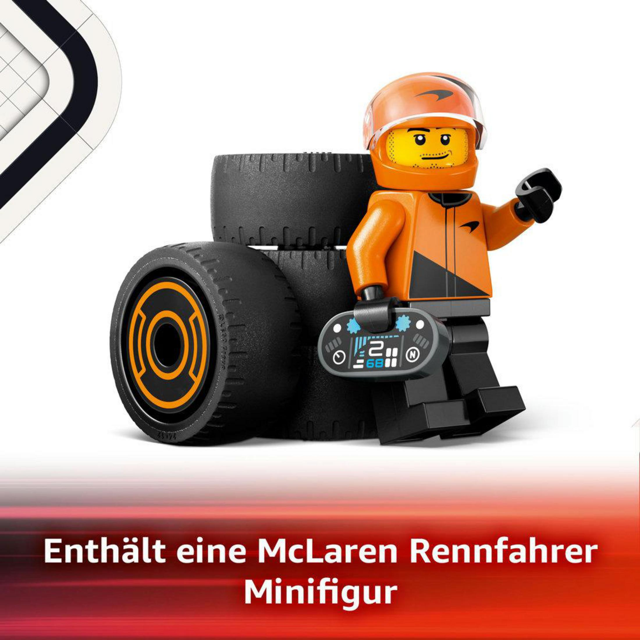 Lego McLaren racer minifiguur. De figuur draagt een oranje helm en jas. Het heeft een zwart en grijs timingapparaat.